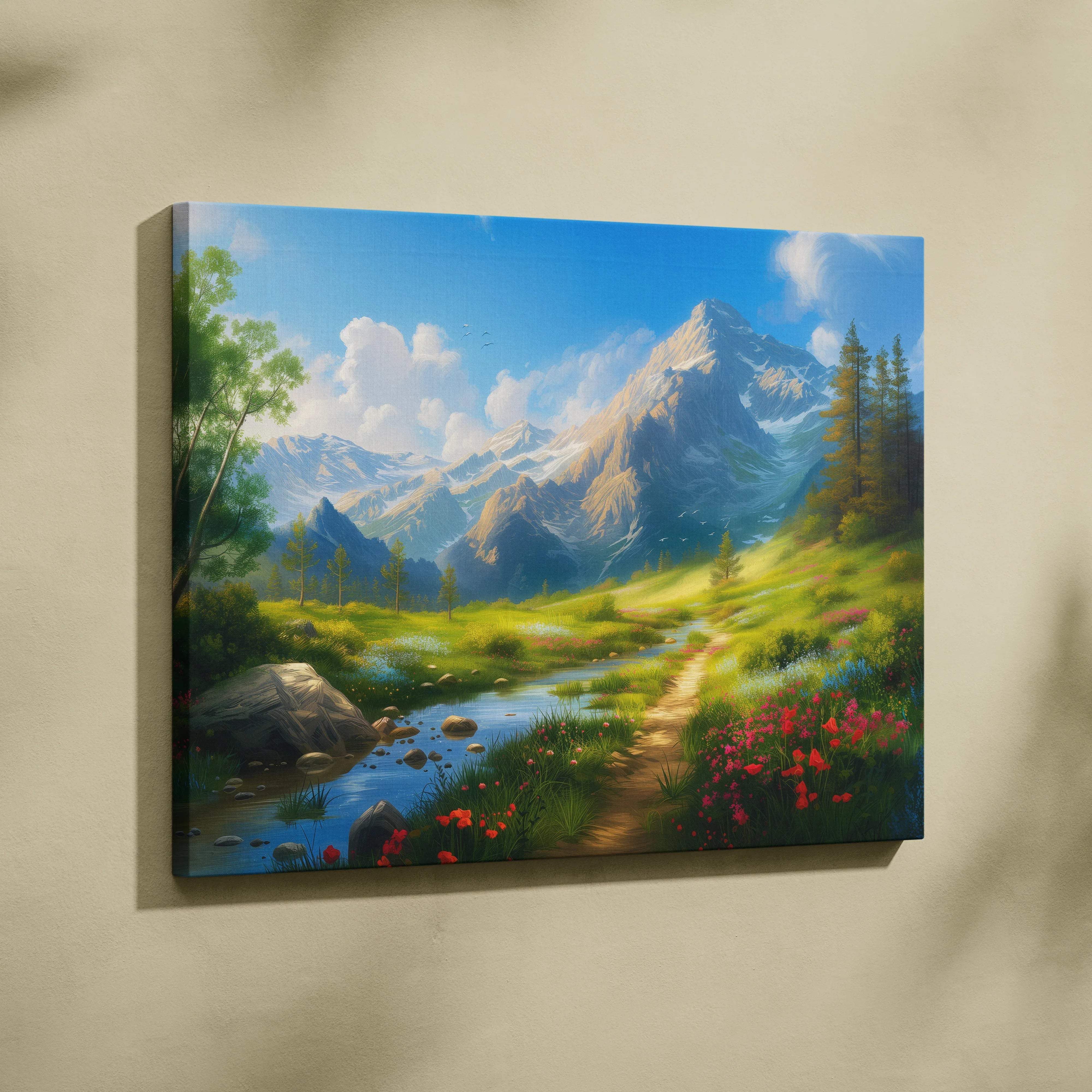 Canvas wall art of pastoral mountain landscape with stream and path