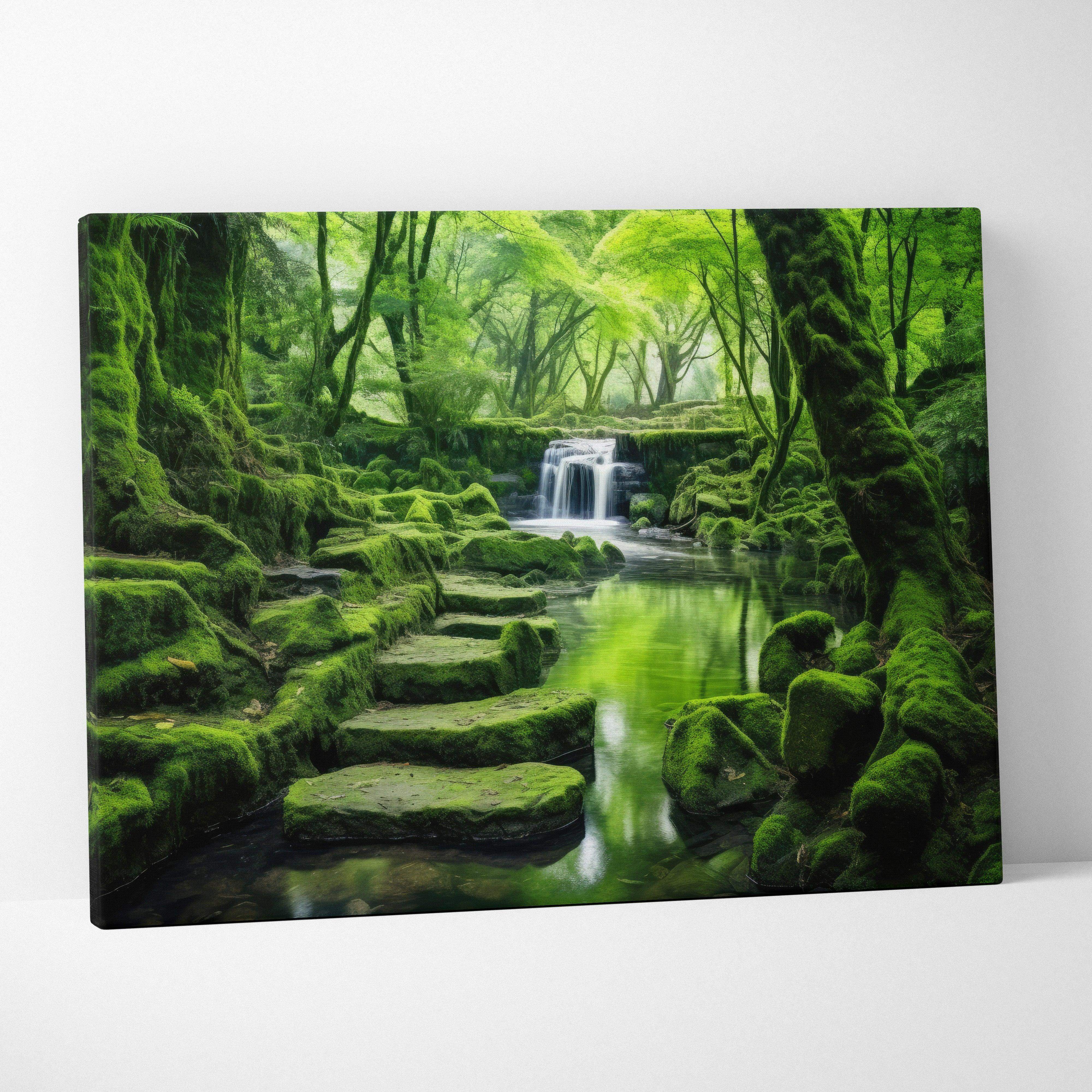 Rectangular canvas wall art featuring moss covered stone steps and a small waterfall in a vibrant green forest scene