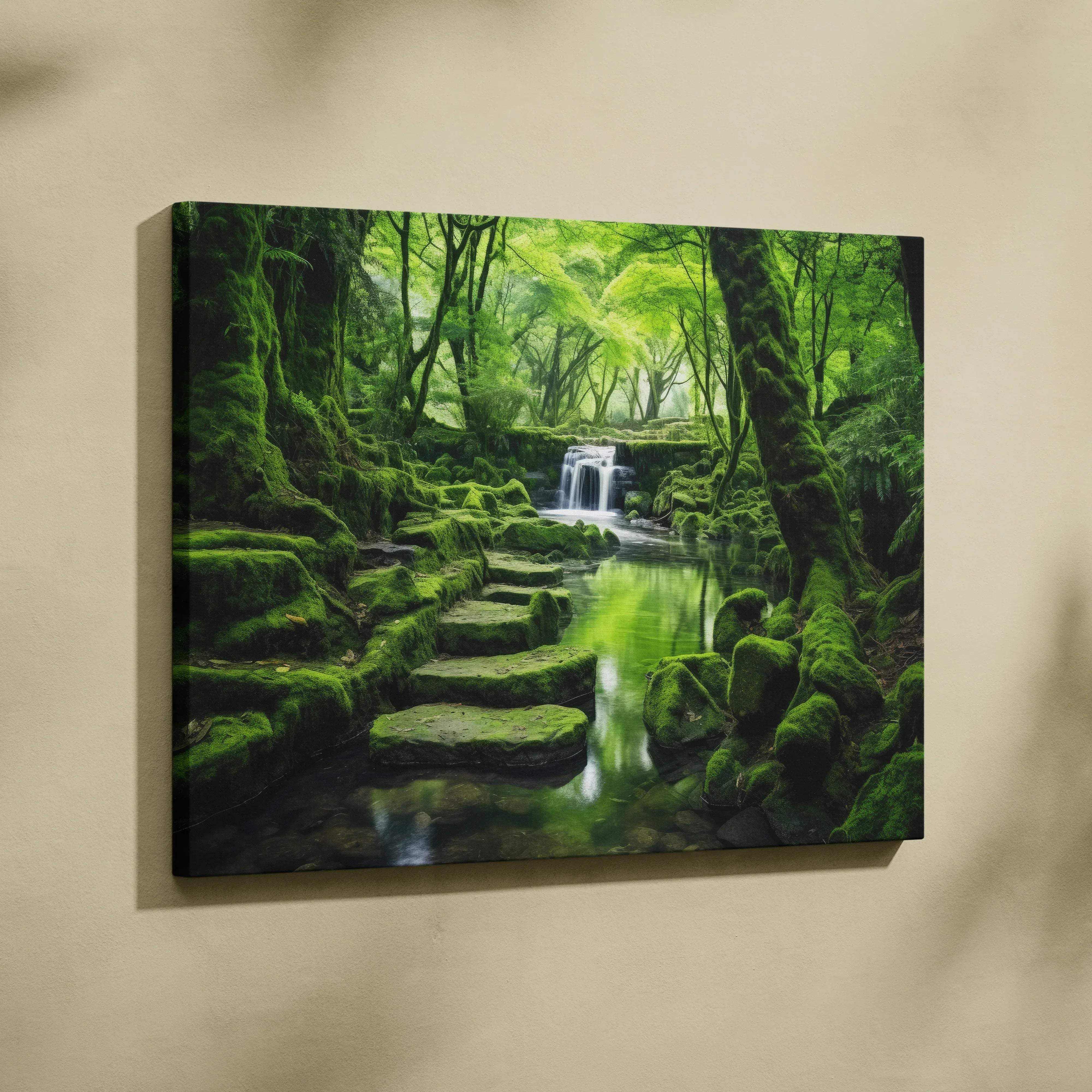 Canvas wall art featuring moss covered stone steps and a small waterfall in a lush green forest for serene mood