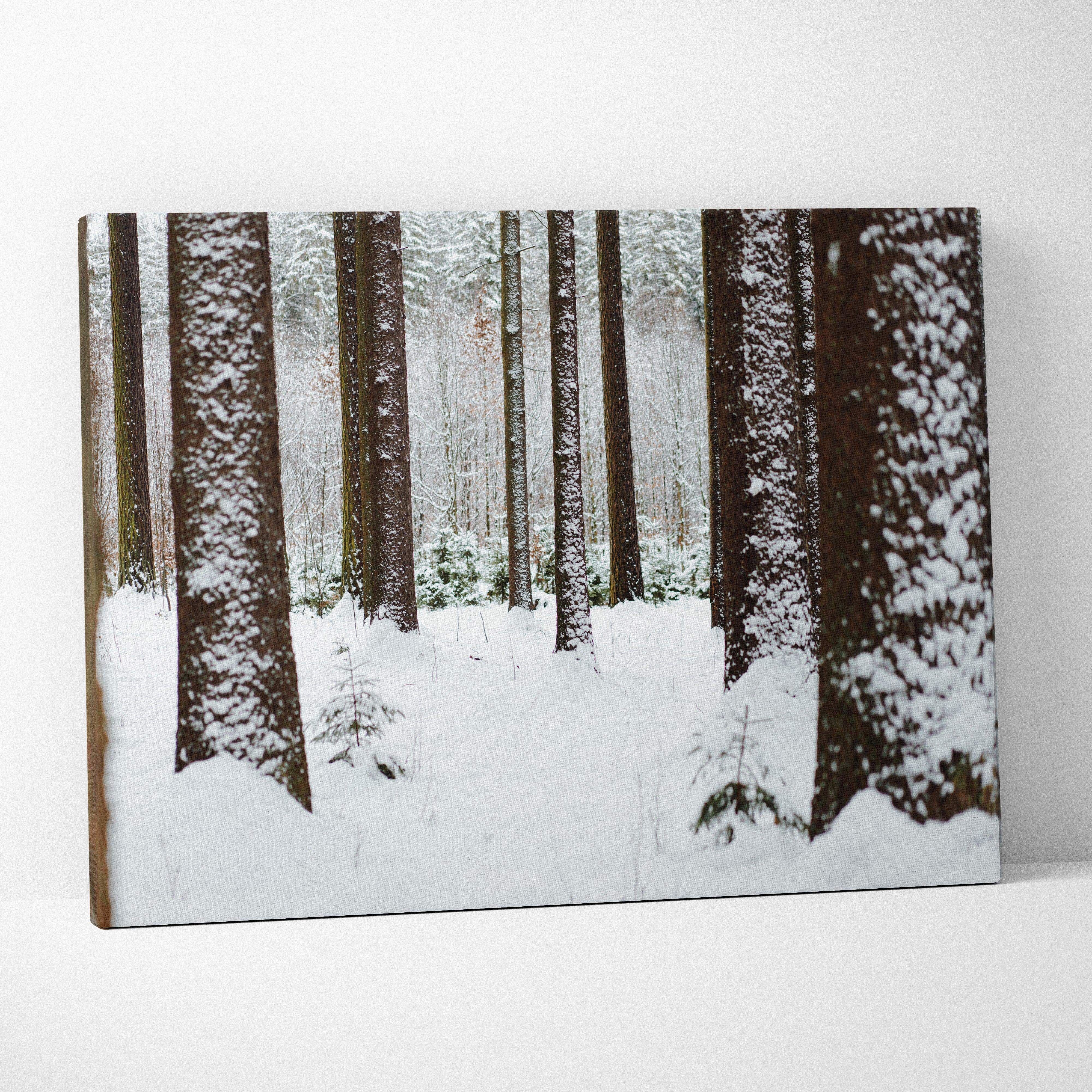 Wooden-framed canvas wall art featuring a snow-dusted winter forest landscape with frosty white pines and tranquil atmosphere
