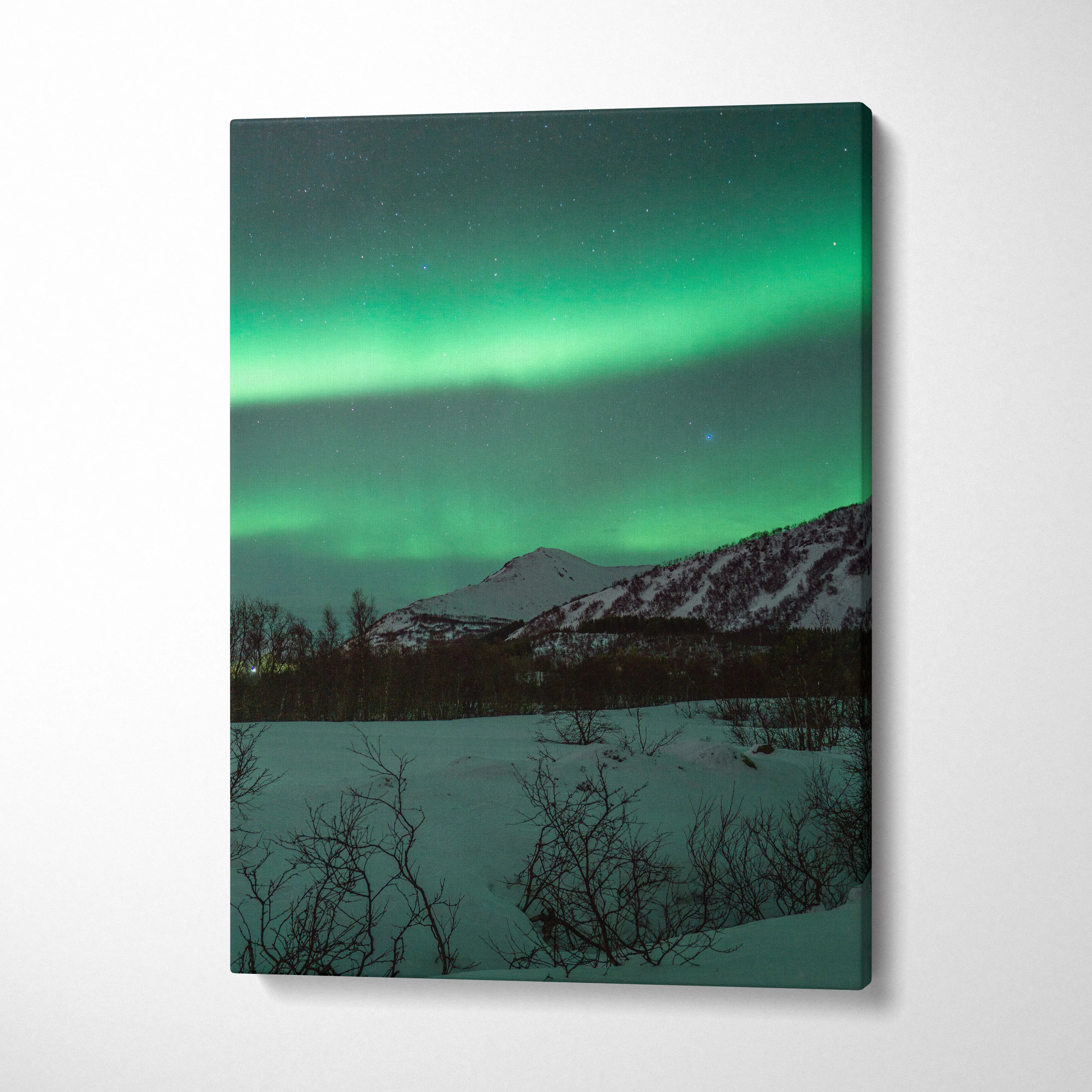 Vertical canvas wall art featuring vibrant green northern lights over snowy mountains and dark trees for winter decor.