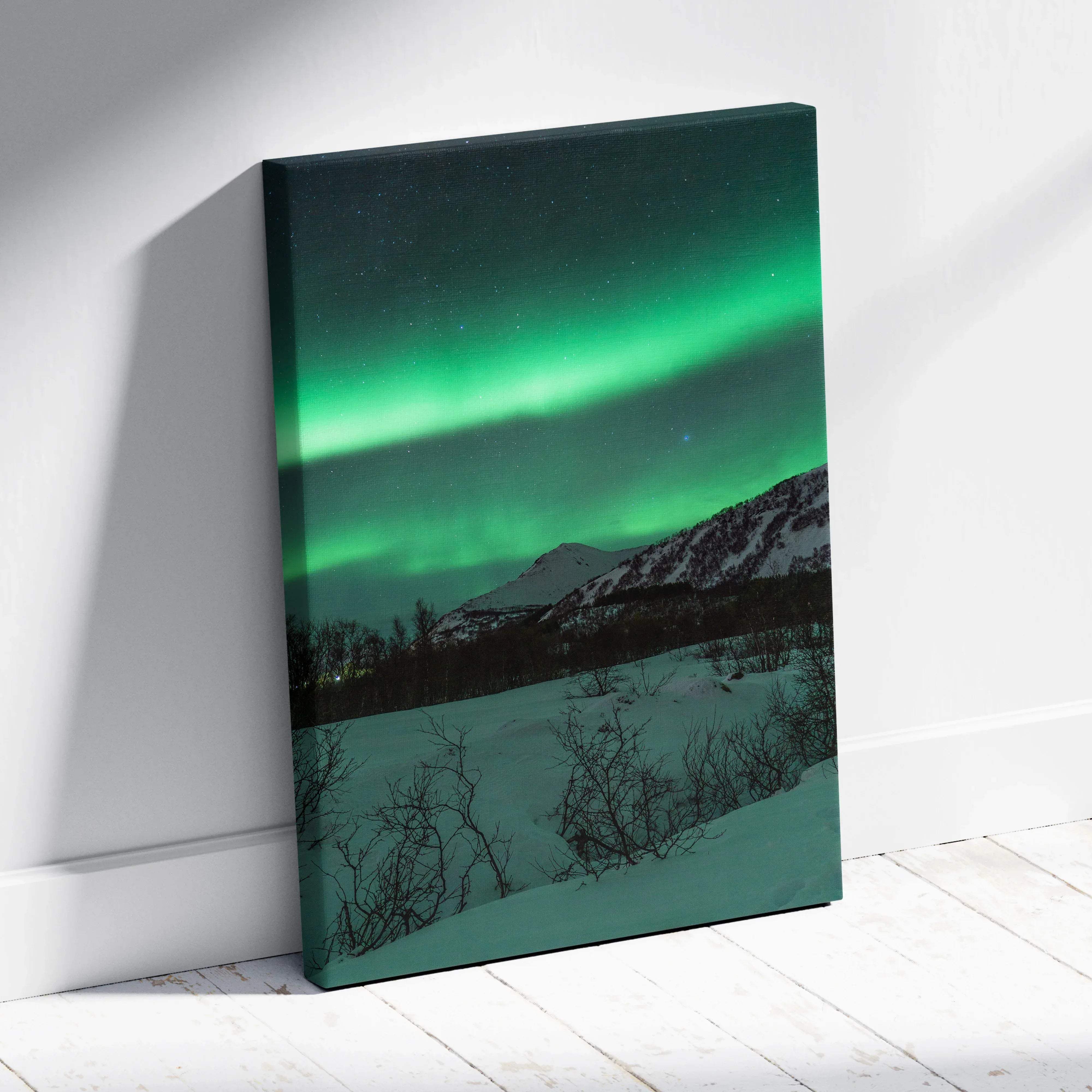 A vibrant green aurora borealis canvas print of a snowy mountain landscape under a starry night sky wall art