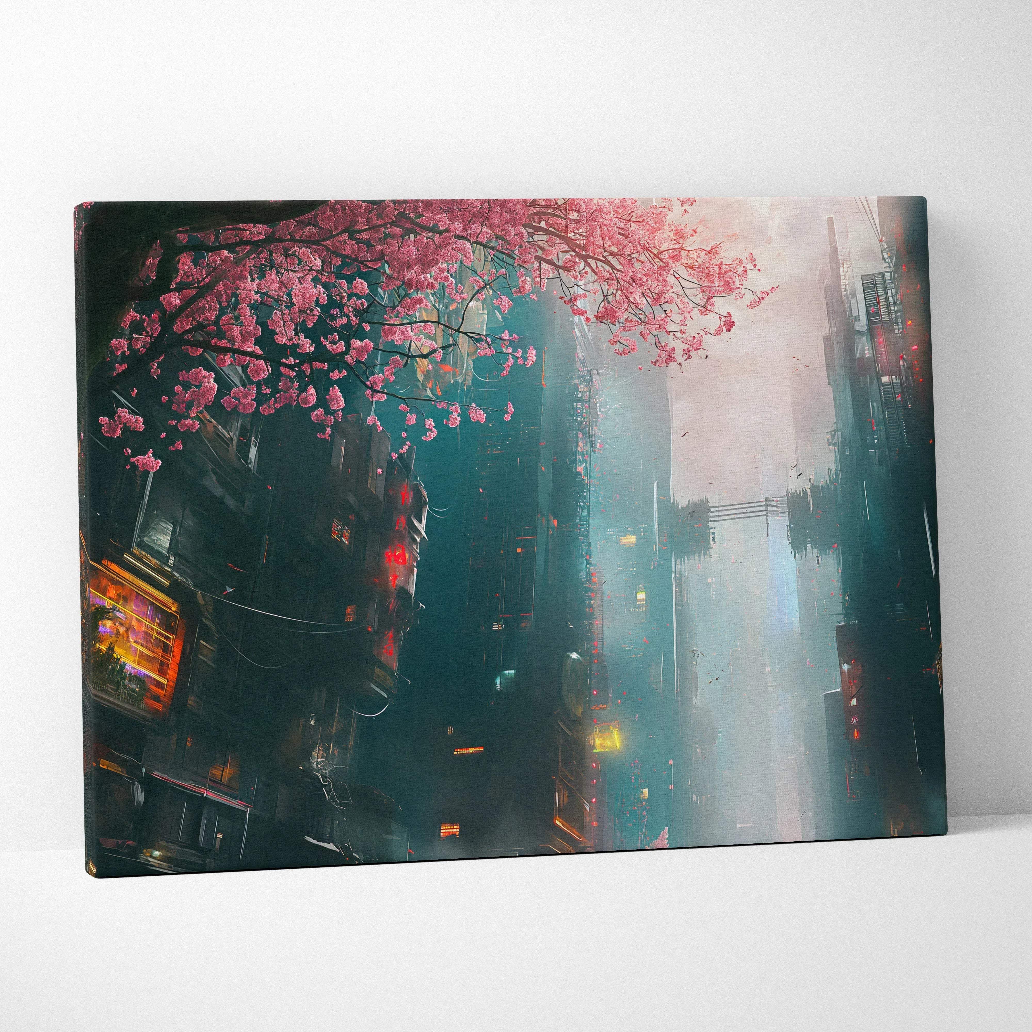 Cyberpunk cherry blossom canvas art with neon pink city skyline