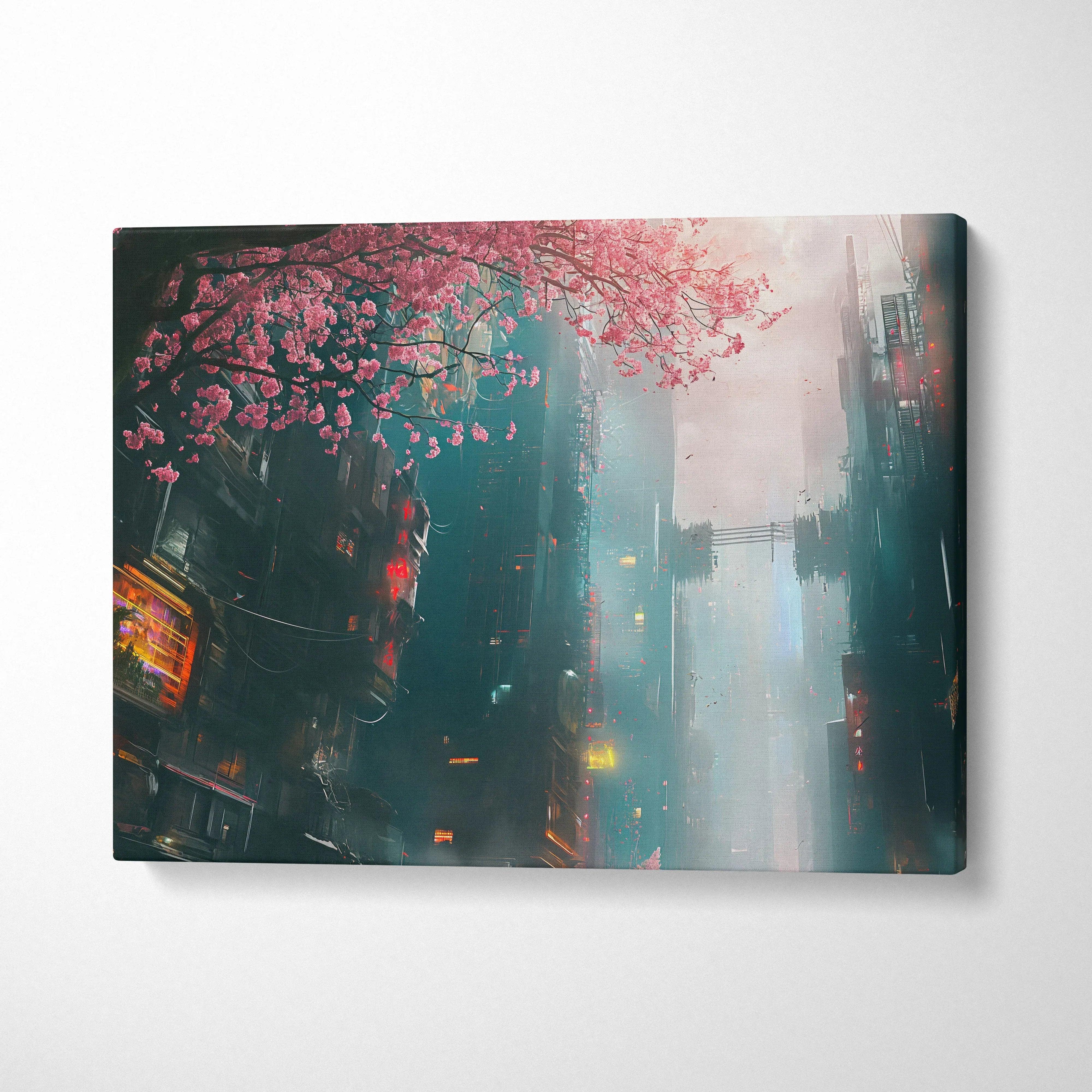Cyberpunk cherry blossom canvas wall art with neon pink city skyline