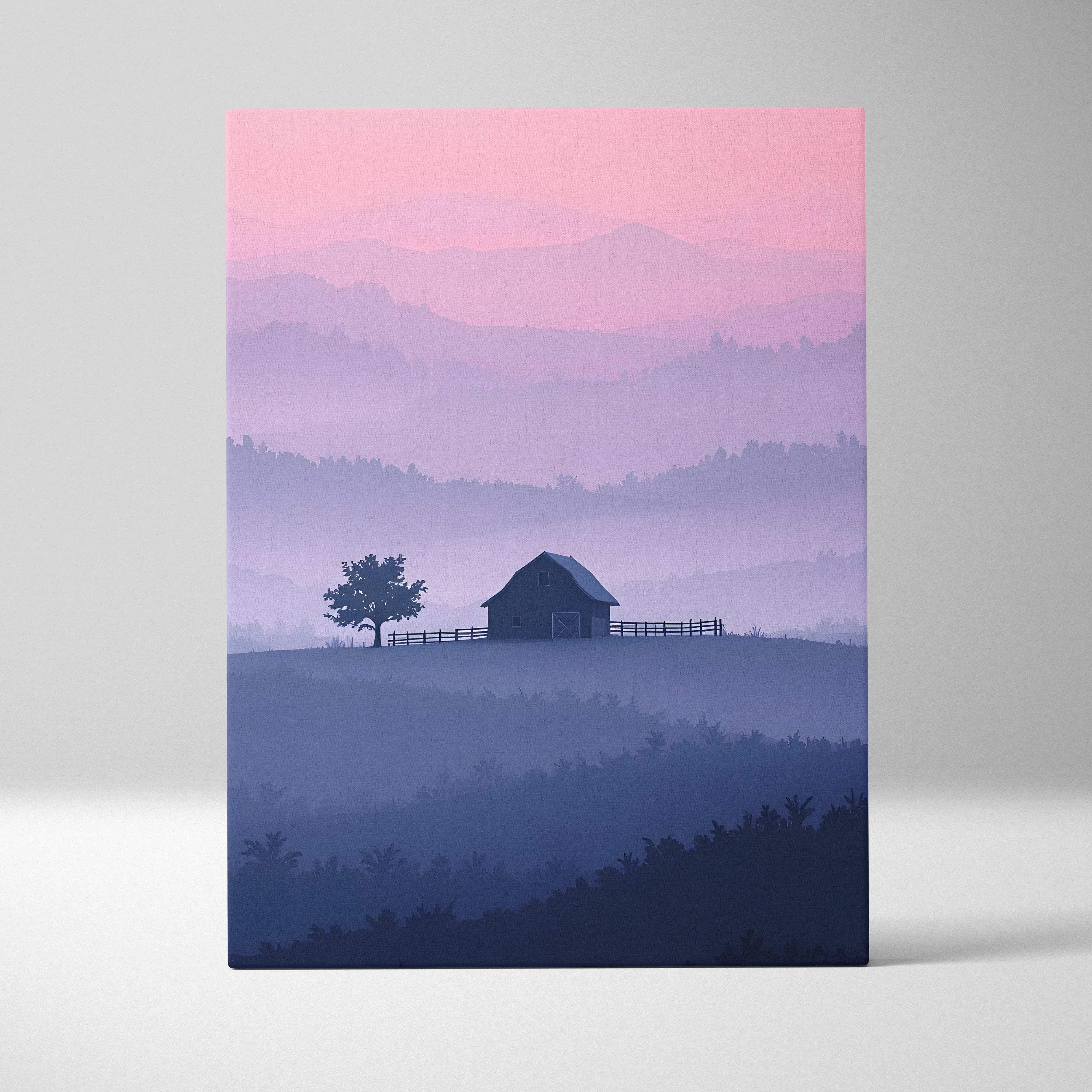 Serene misty evening barn canvas wall art in pink lavender blue tones
