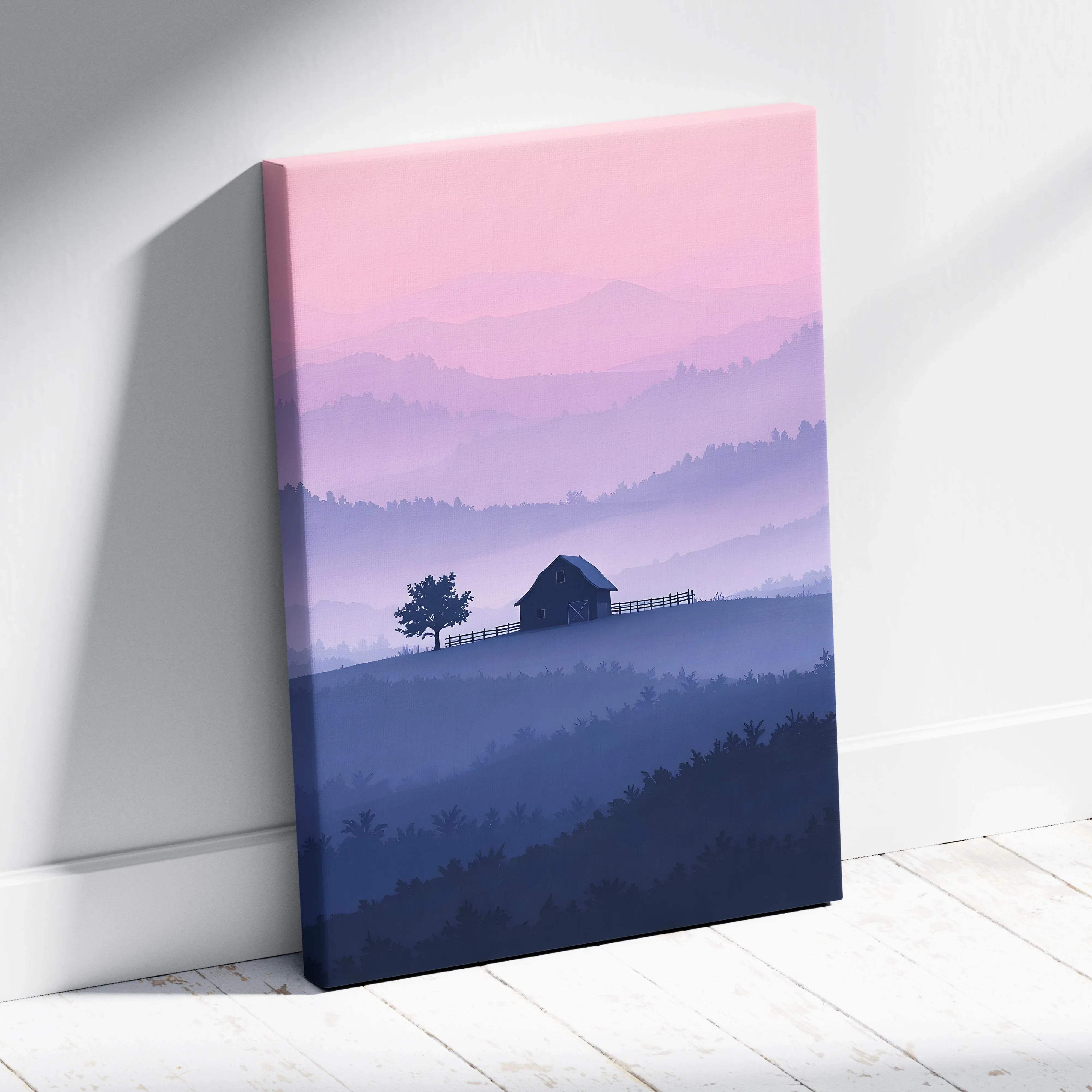 Misty evening barn landscape canvas wall art in soft pink lavender tones