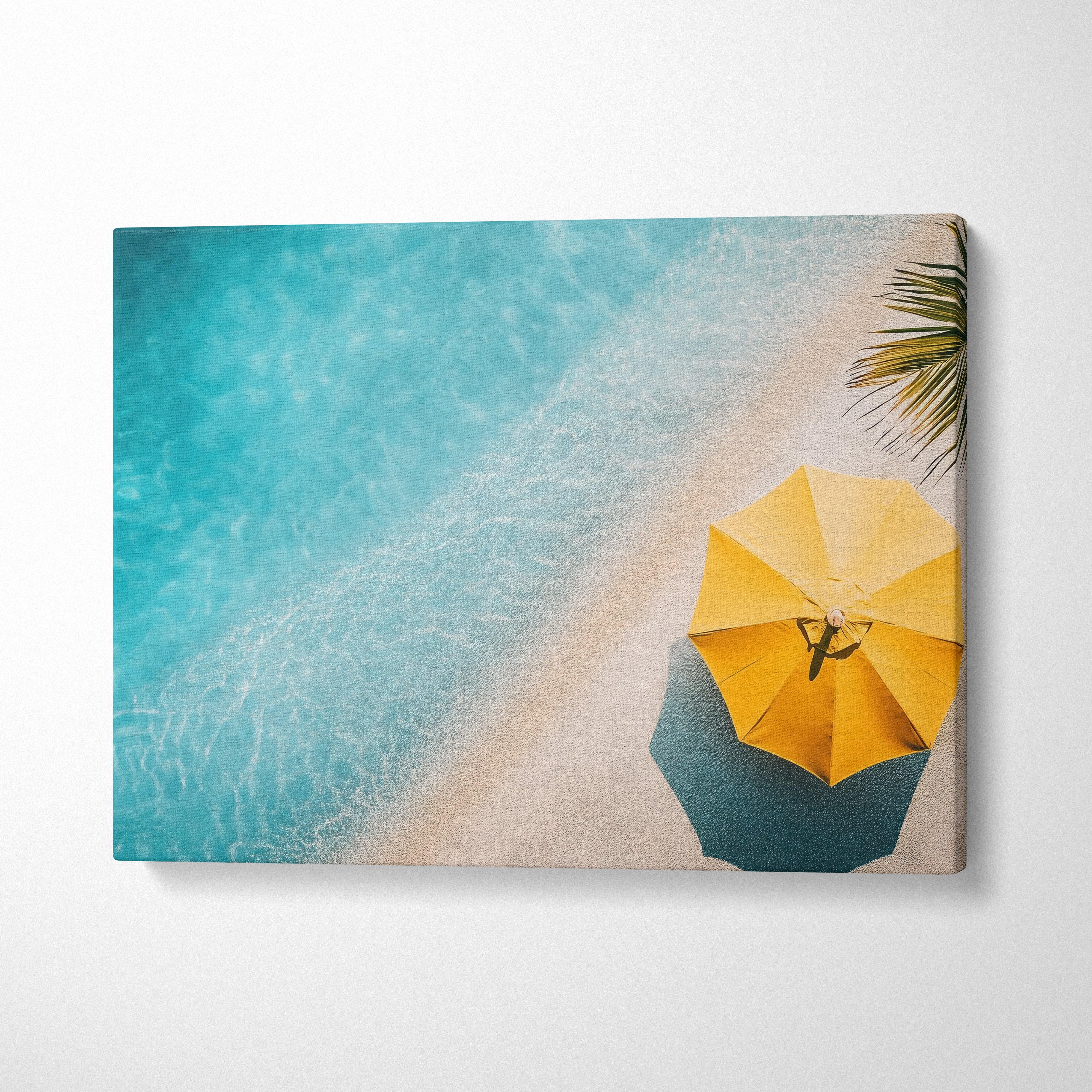 Vibrant yellow beach umbrella canvas wall art with turquoise ocean waves and sand
