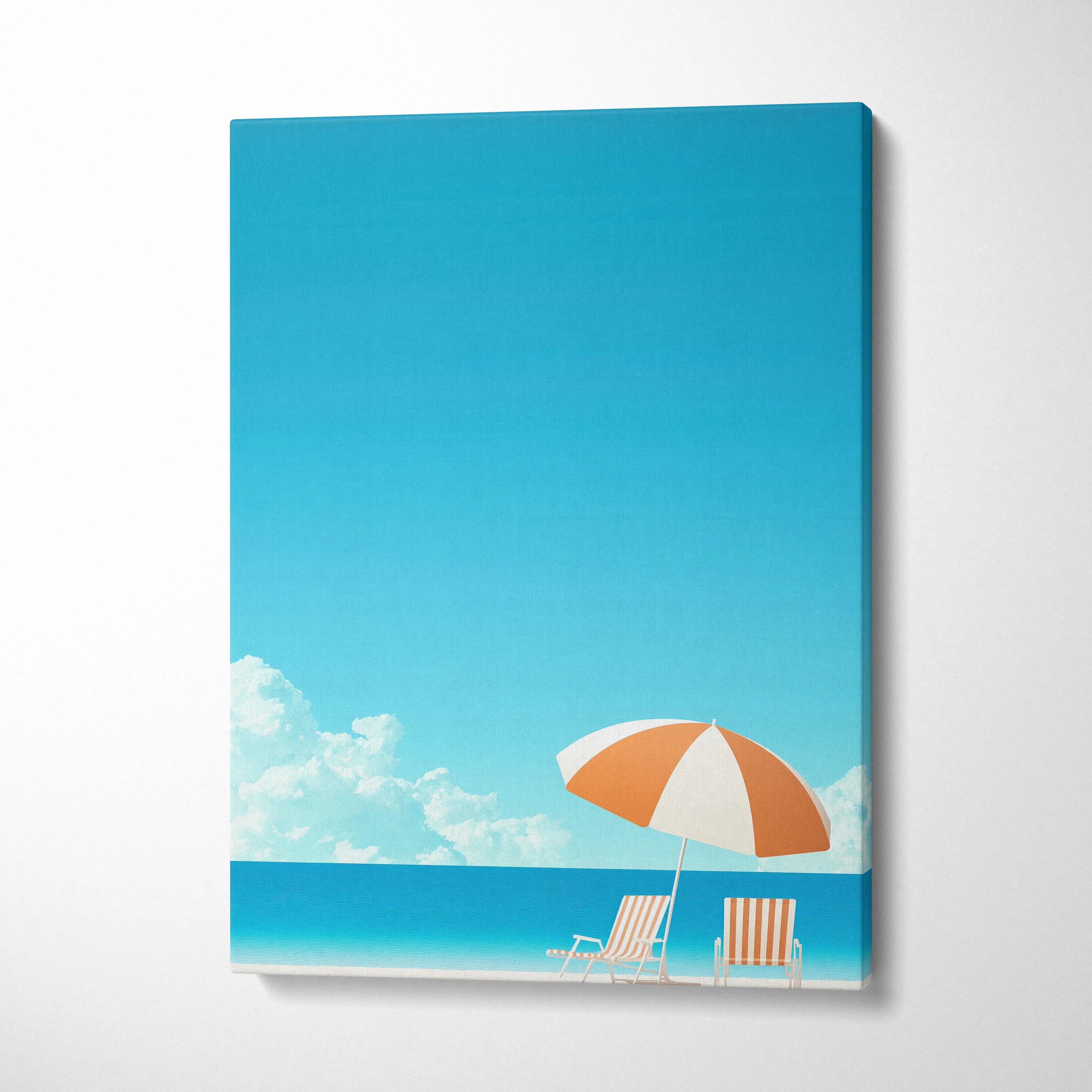 Canvas wall art featuring a bright blue sky, calm ocean, white clouds, and an orange and white beach umbrella with two.