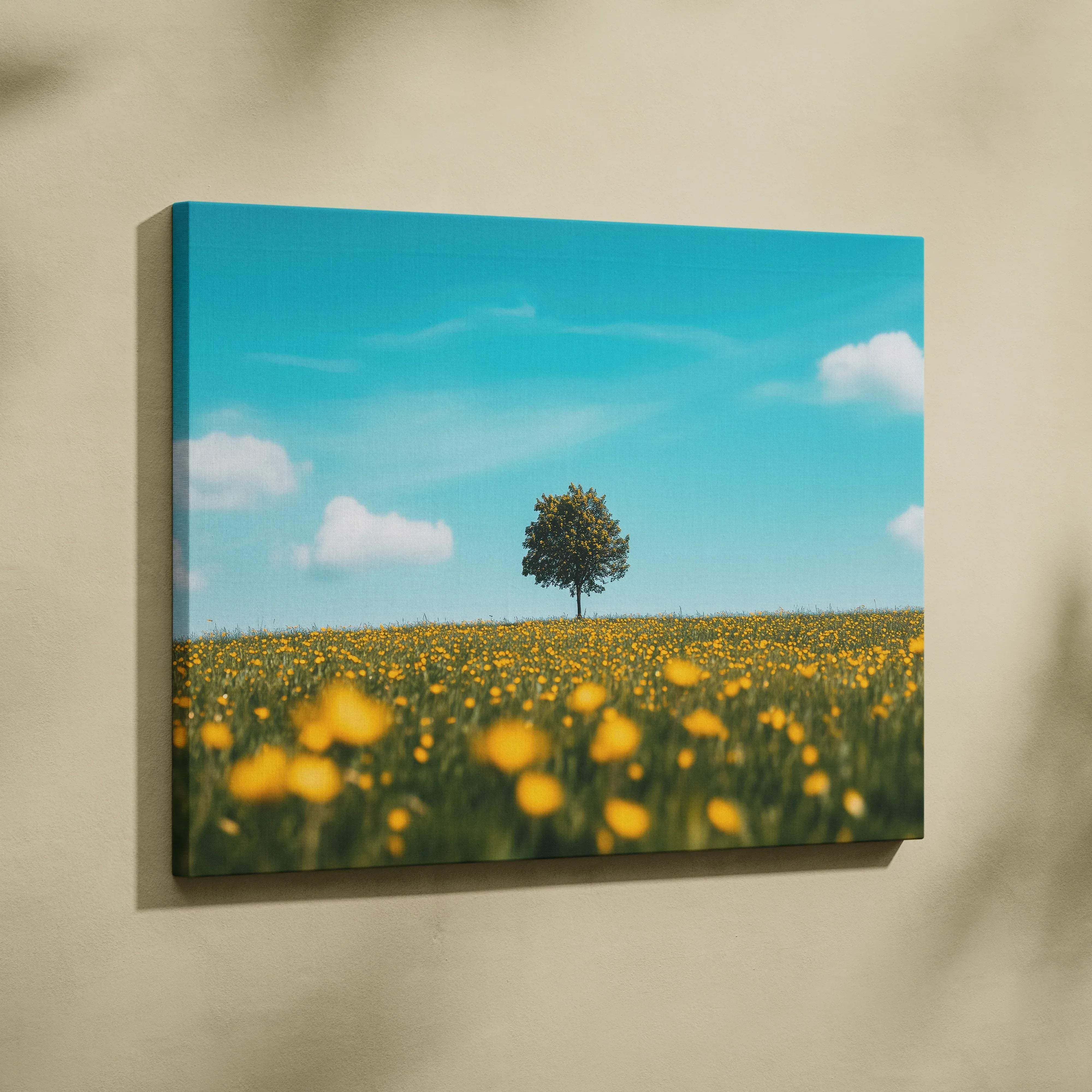 Rectangular canvas wall art of a lone tree in a vibrant yellow flower field under a bright blue sky with white clouds