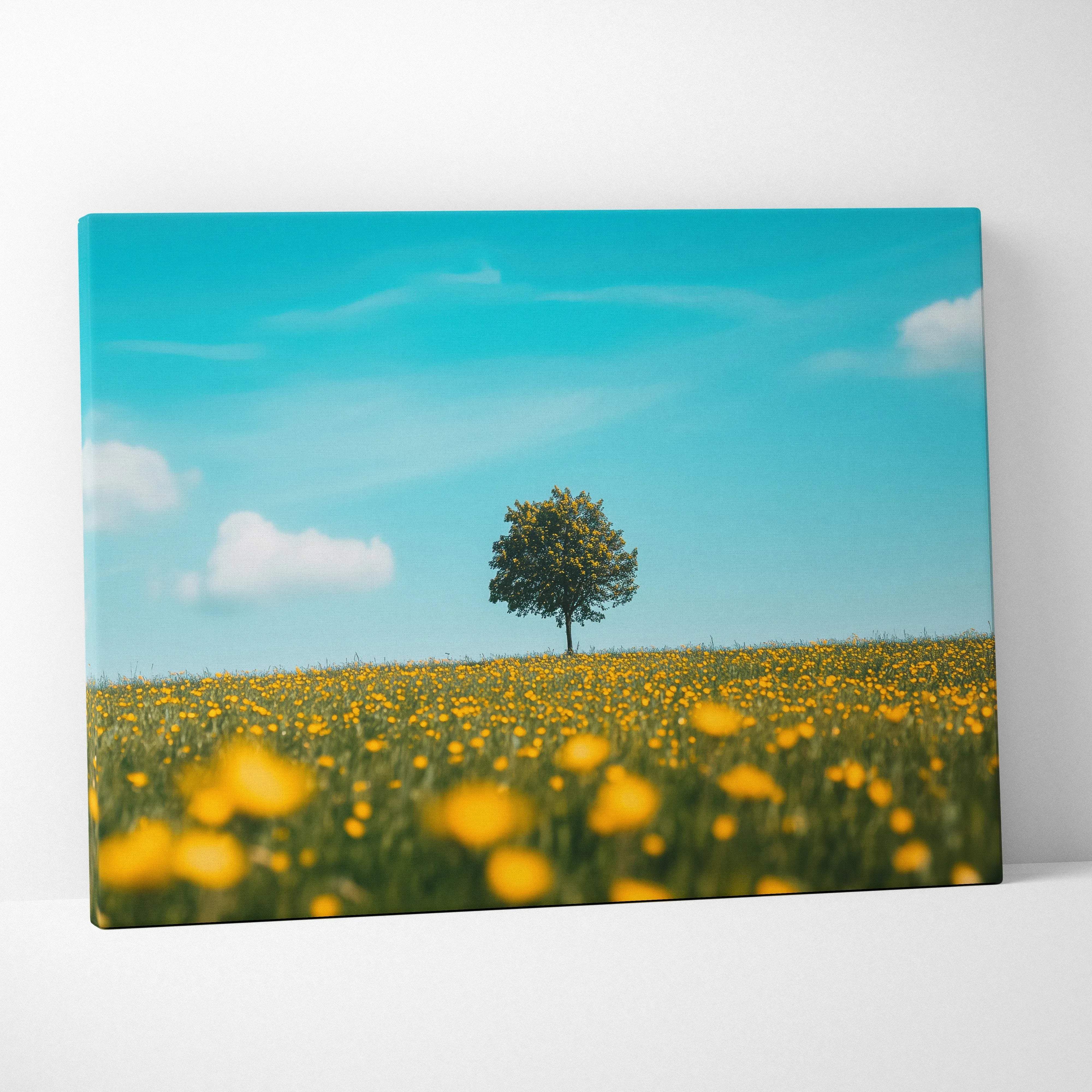 Rectangular canvas print of a lone tree in a yellow flower field under a blue sky for serene landscape wall art