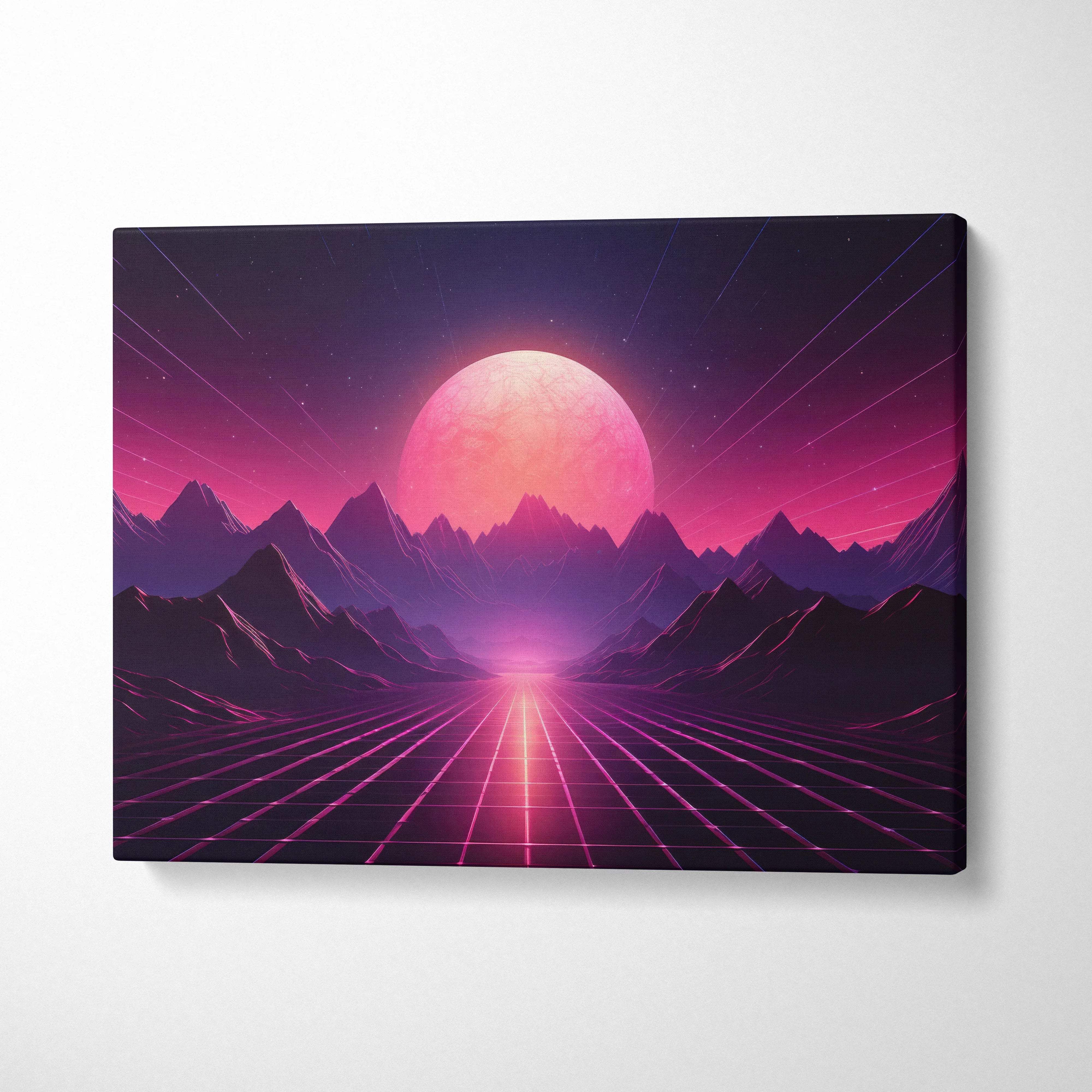 Vibrant neon cyberwave canvas art with pink sun rising over grid and jagged mountains