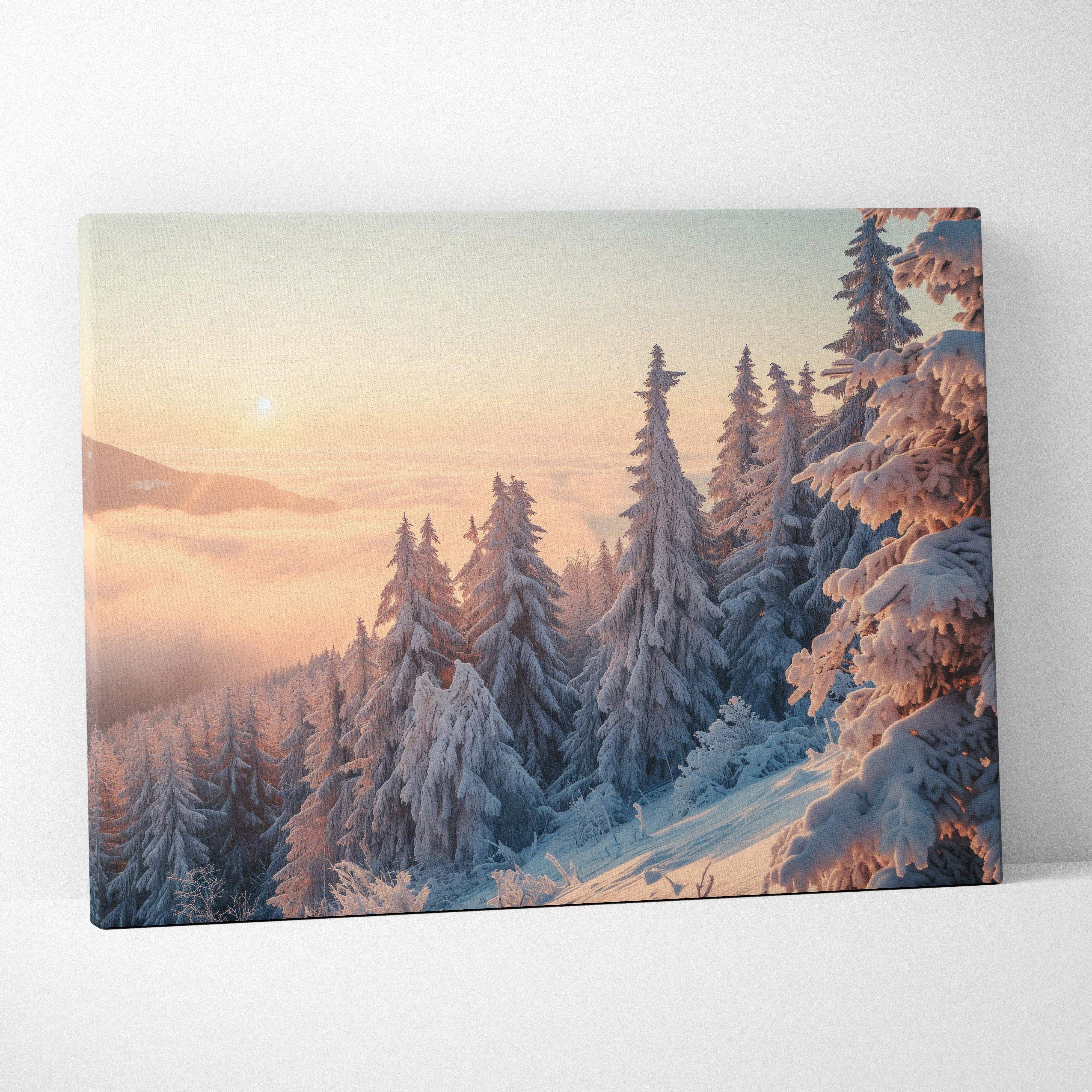 Rectangular canvas print of snow-covered pine trees against pink and orange sunrise in serene winter sunset landscape