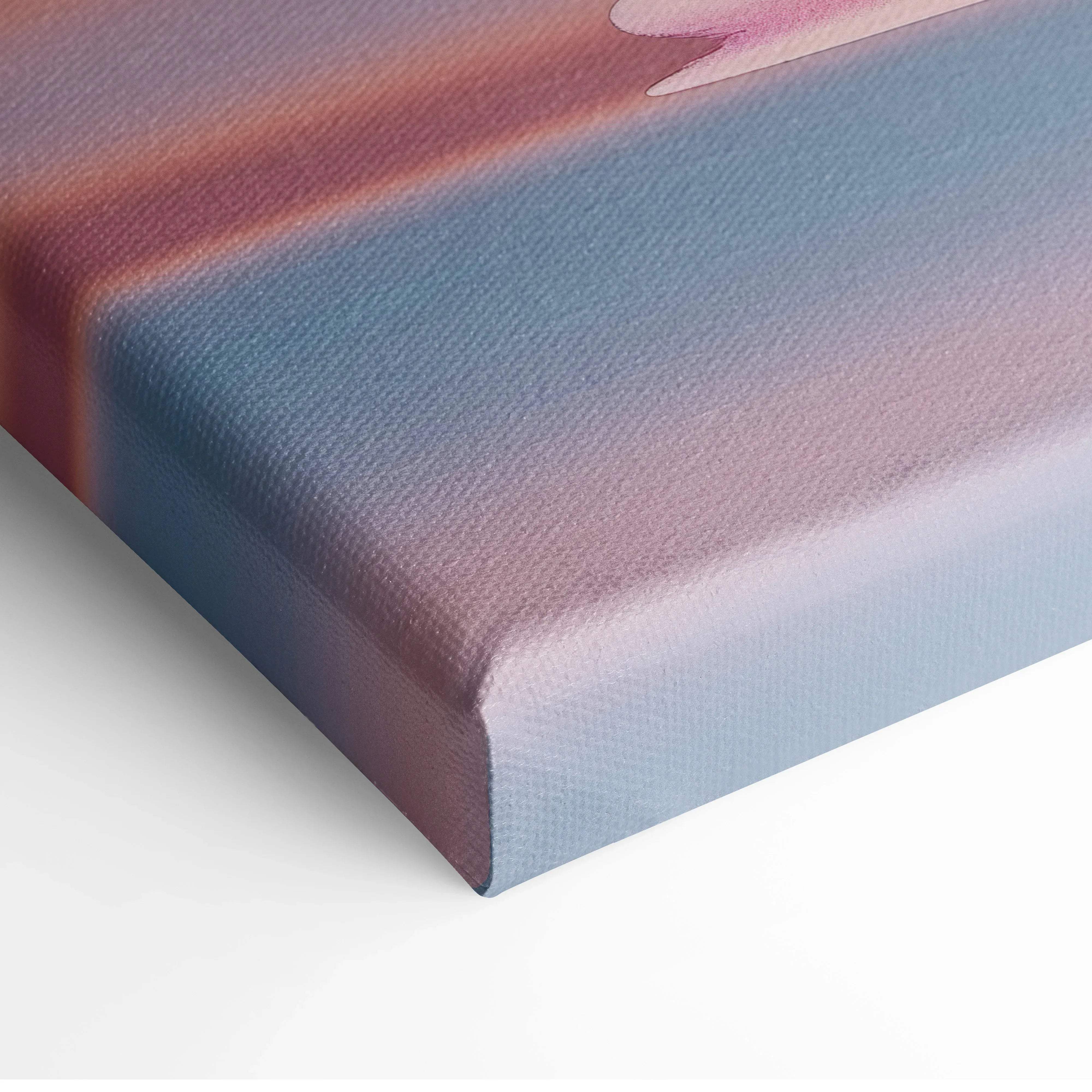A stretched canvas print with textured fabric weave featuring a muted pastel pink and lavender gradient minimalist sunset over the sea