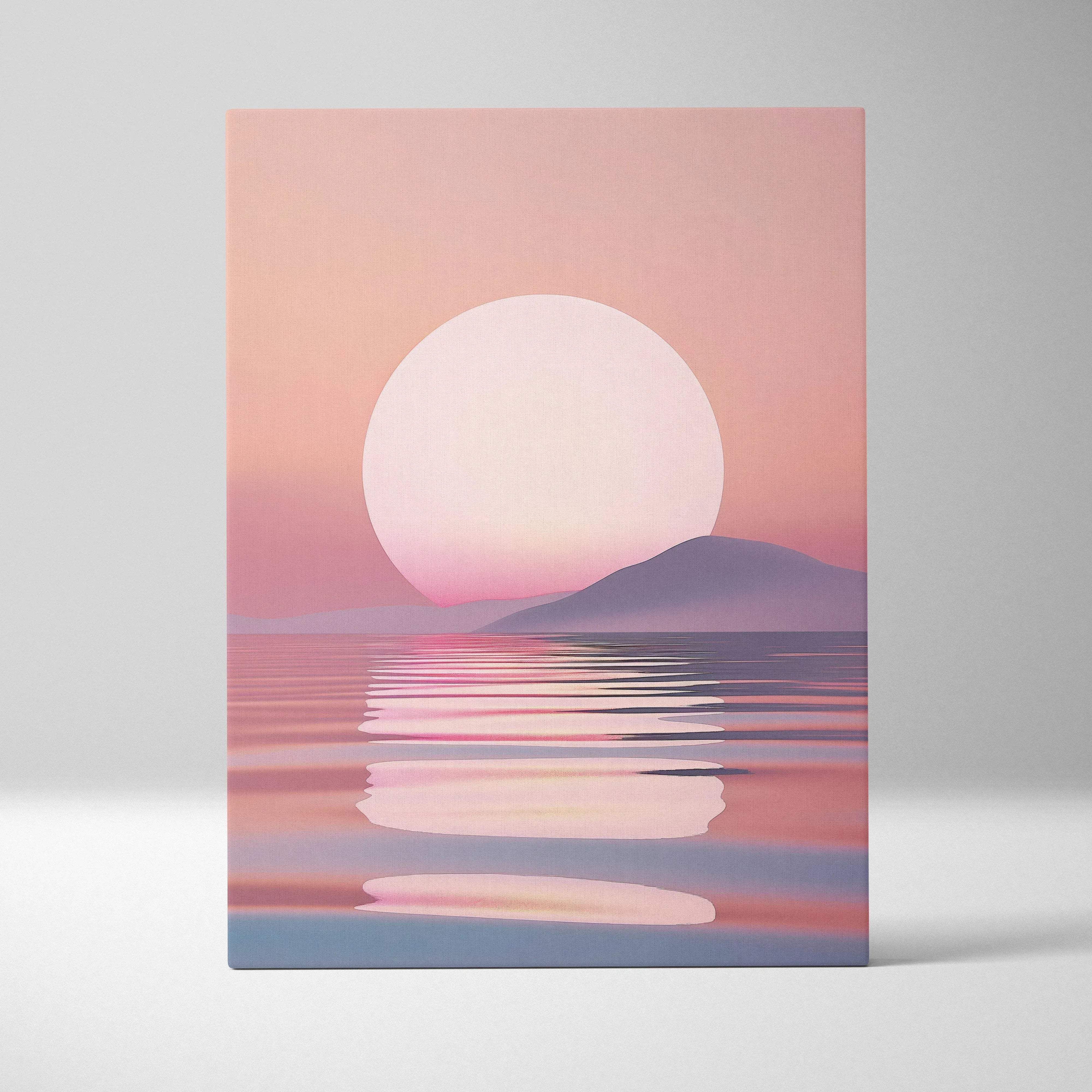 Minimalist sunset over the sea canvas wall art in pastel pink and lavender with a soft glowing sun reflection