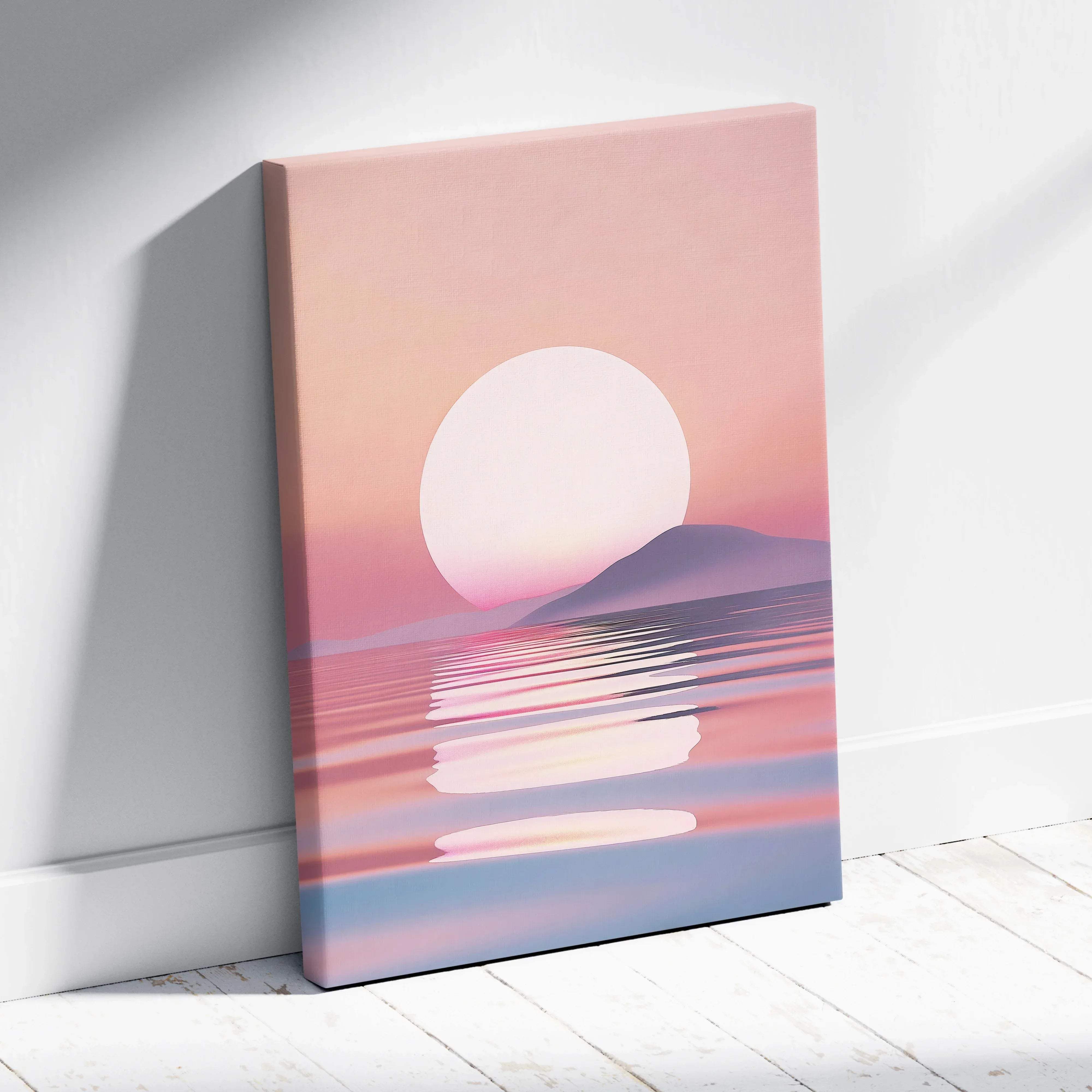 Minimalist sunset over the sea canvas wall art featuring a soft pink and lavender glowing sun on textured fabric