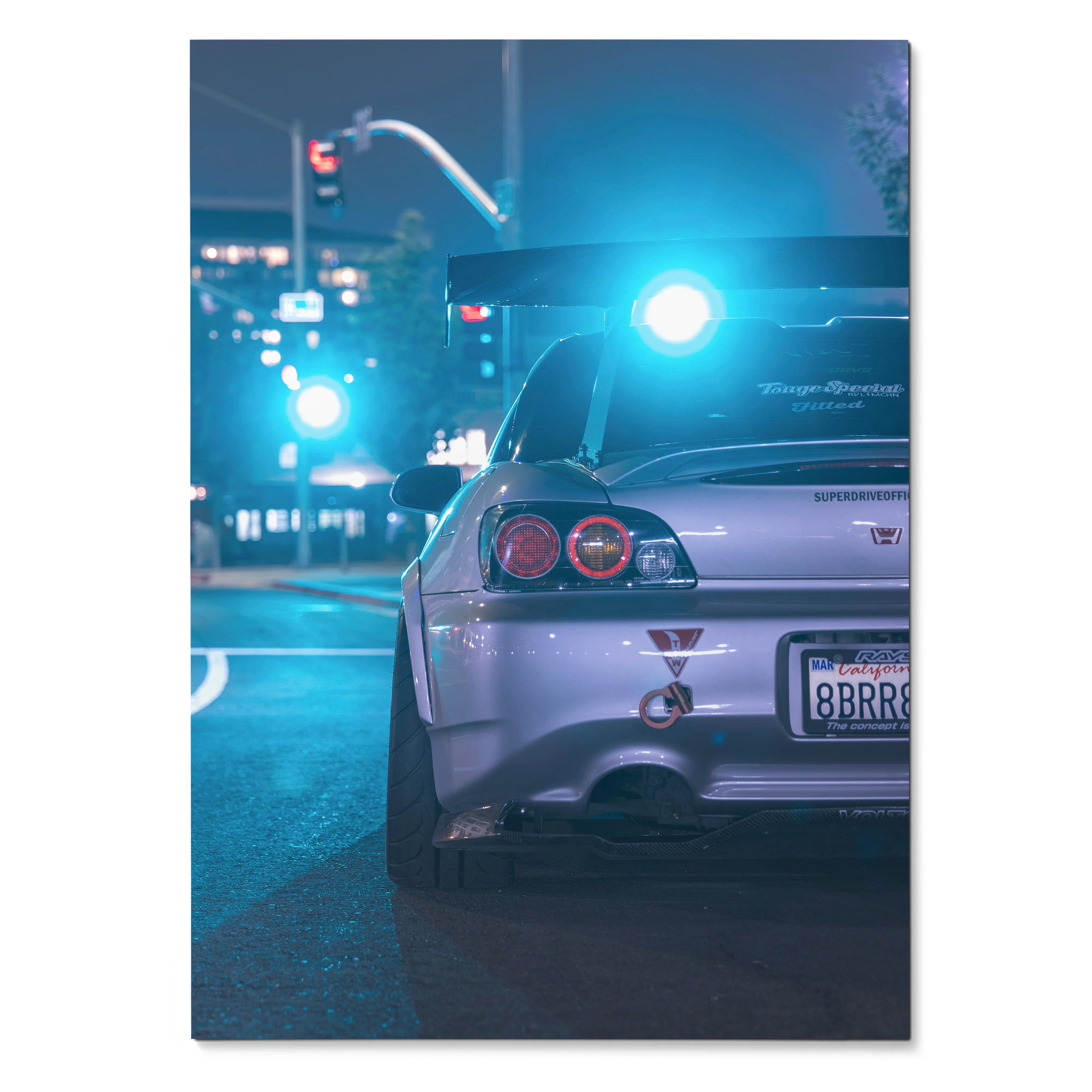 Honda S2000 rear view illuminated by blue light poster, sleek automotive wall art.