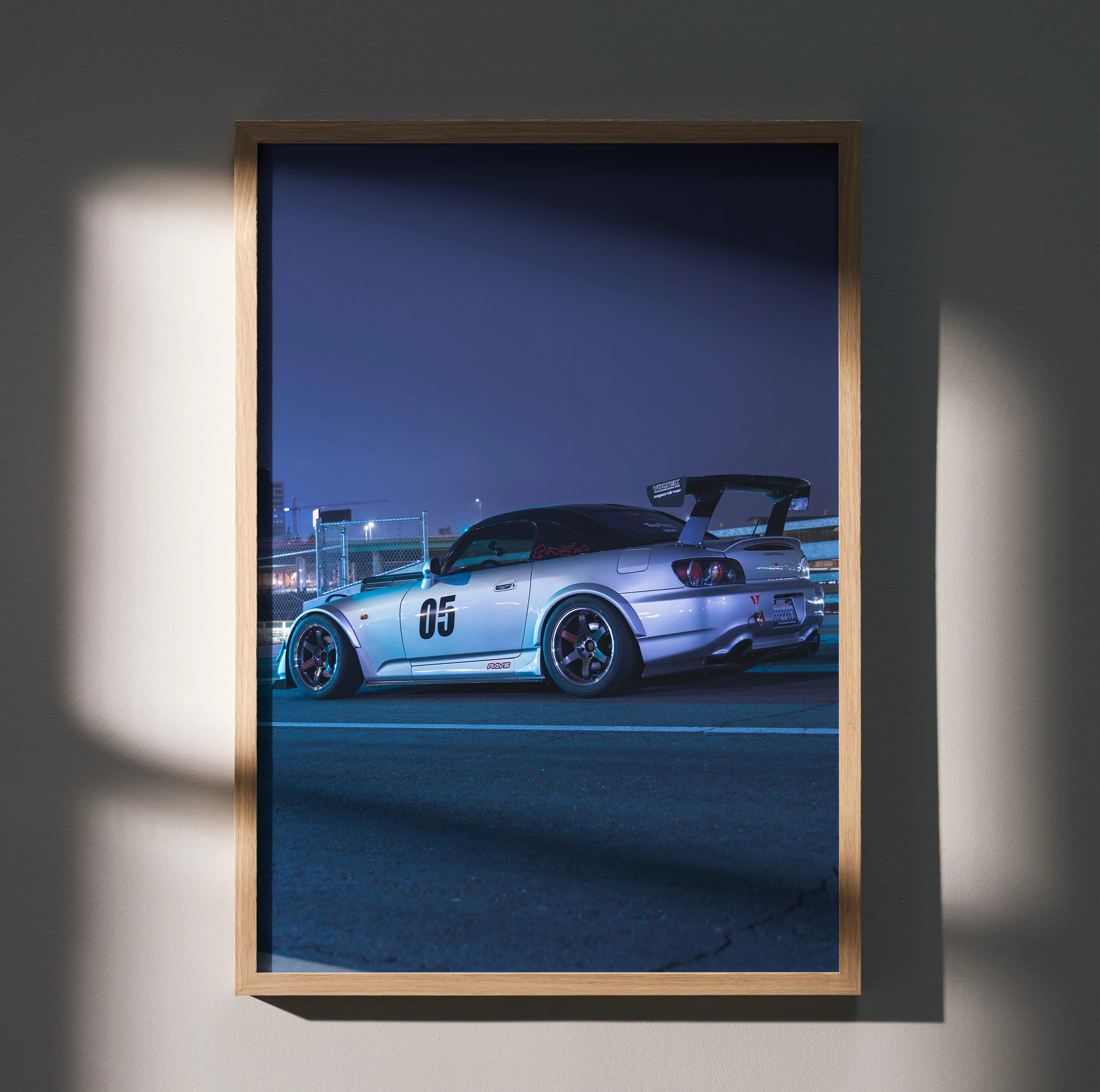 Honda S2000 silver sports car poster with racing number 05 and large rear wing wall art.