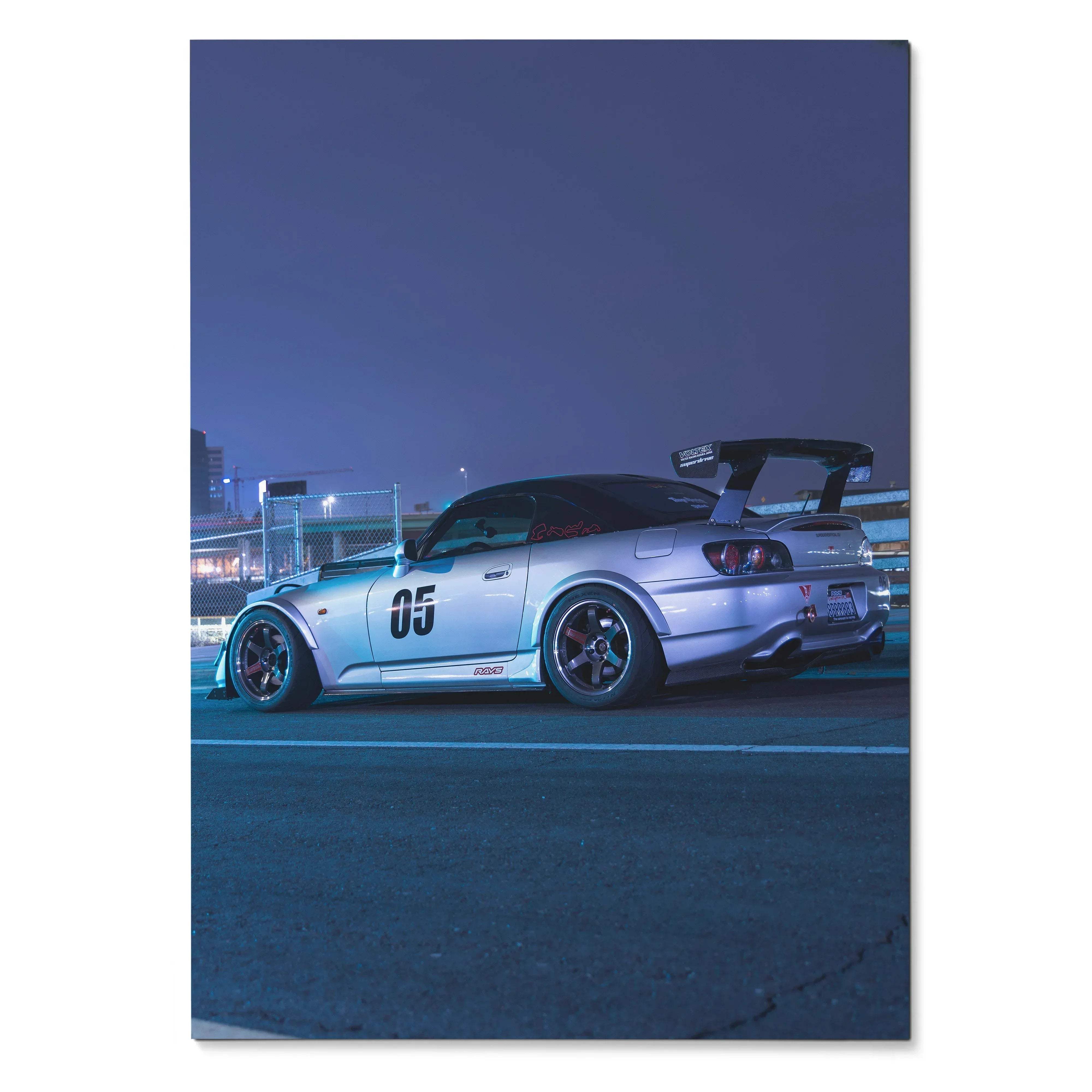 Silver Honda s2000 sports car art print with black roof and racing number 05 celebrating automotive mastery and design