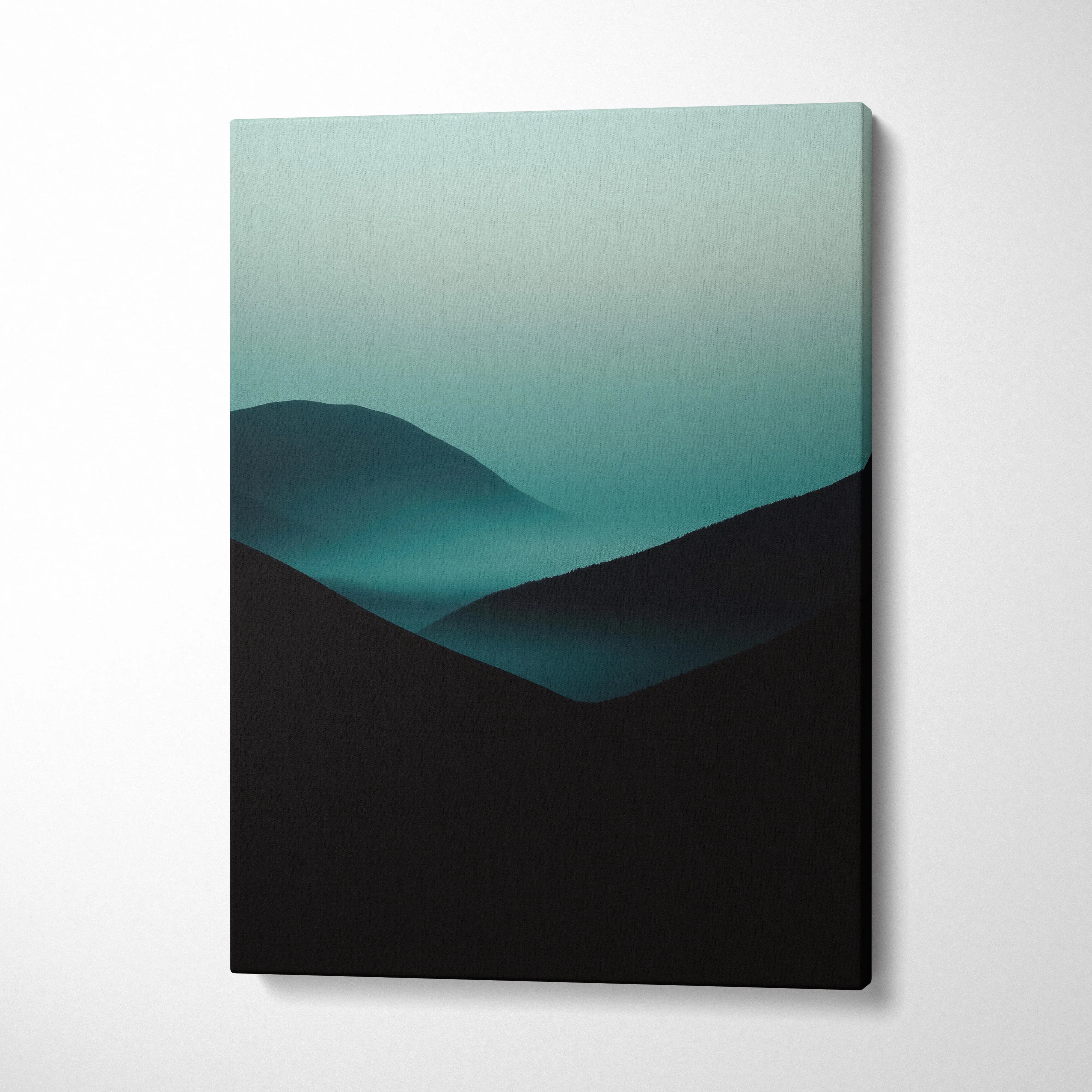 Minimalist dark mountain fog landscape canvas with teal gradient for wall art decor.