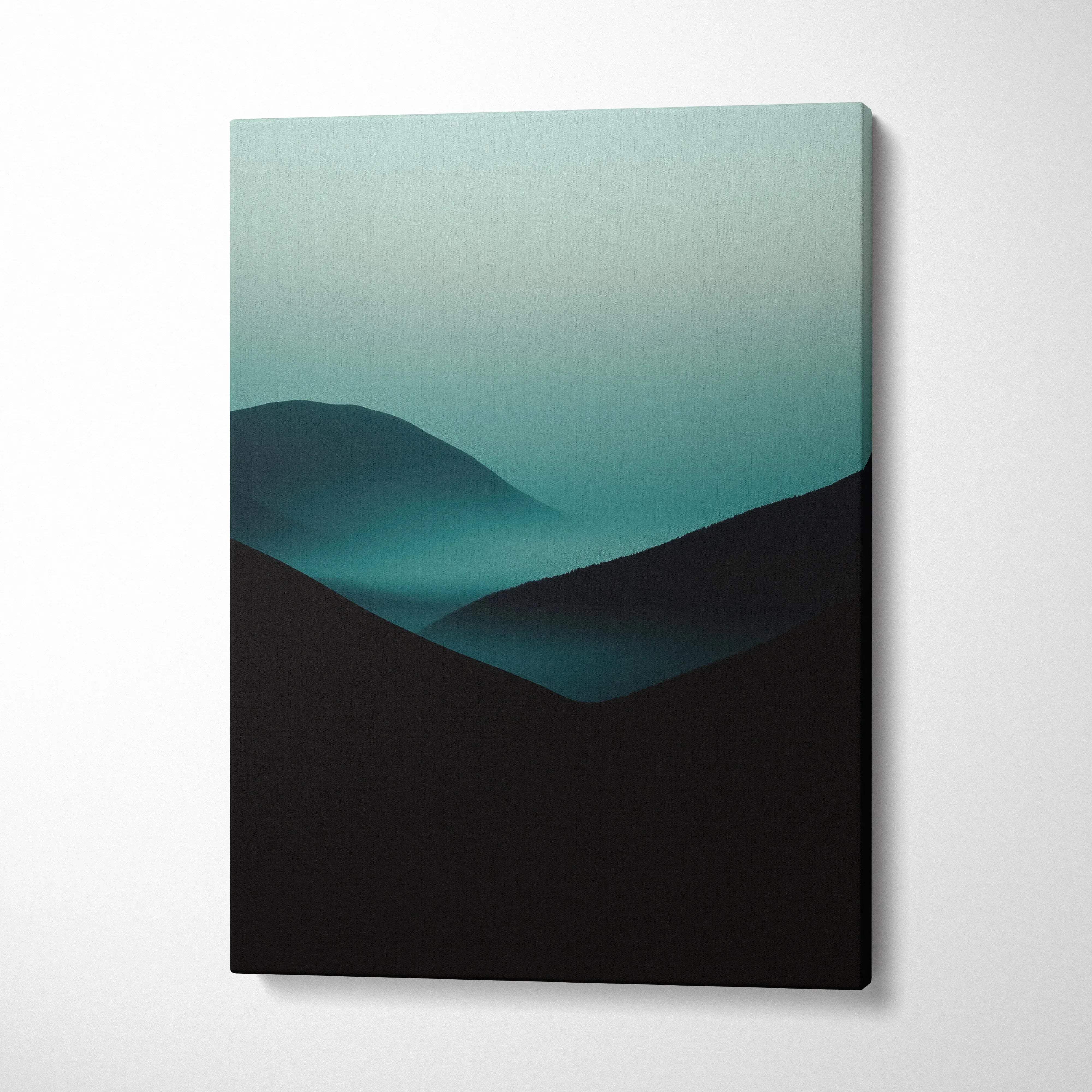 Minimalist dark mountain fog landscape canvas with teal gradient for wall art decor.