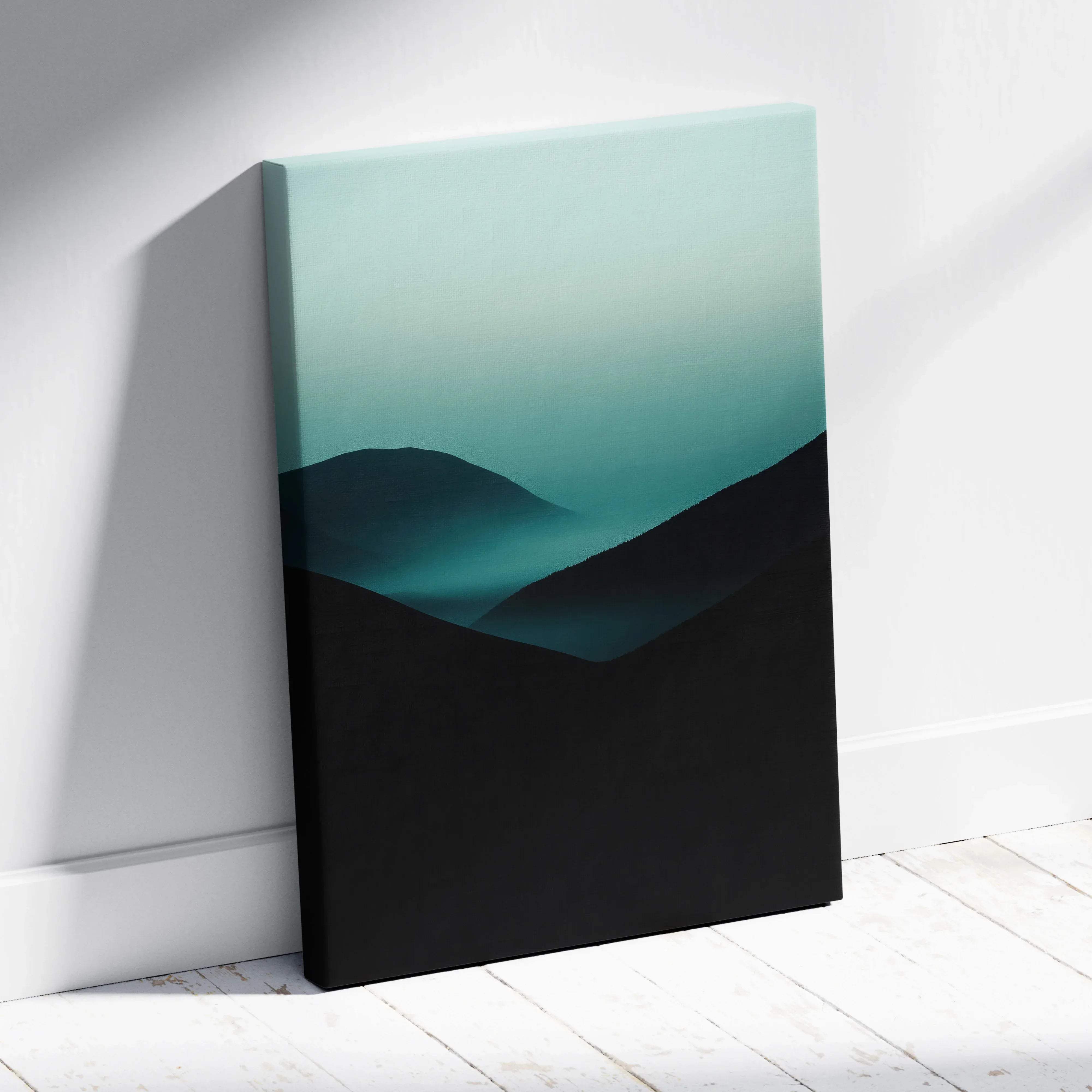 Teal and black minimalist mountain landscape canvas wall art with layered silhouettes and a foggy serene mood