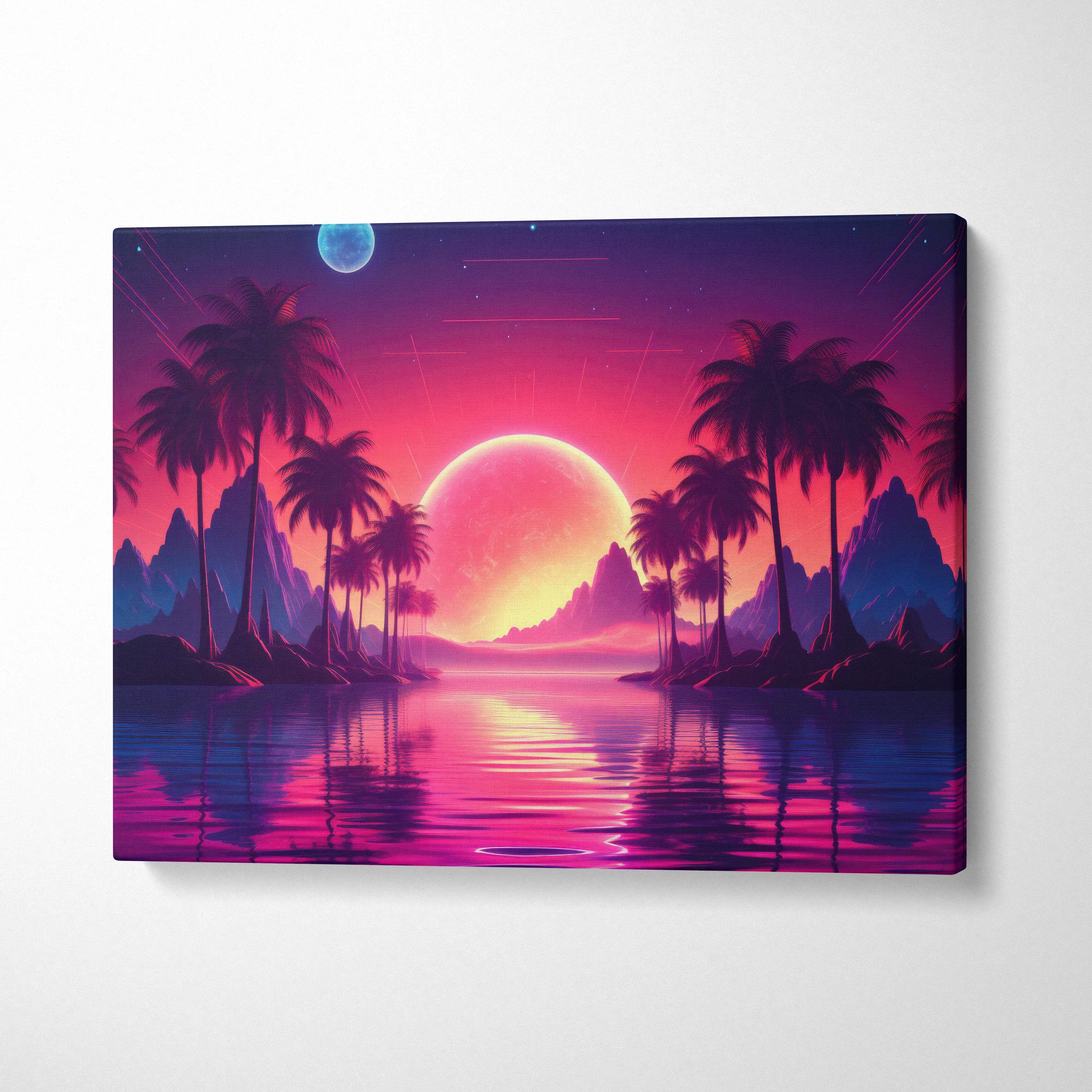 Vibrant retrowave sunset canvas wall art with neon pink purple palm glow