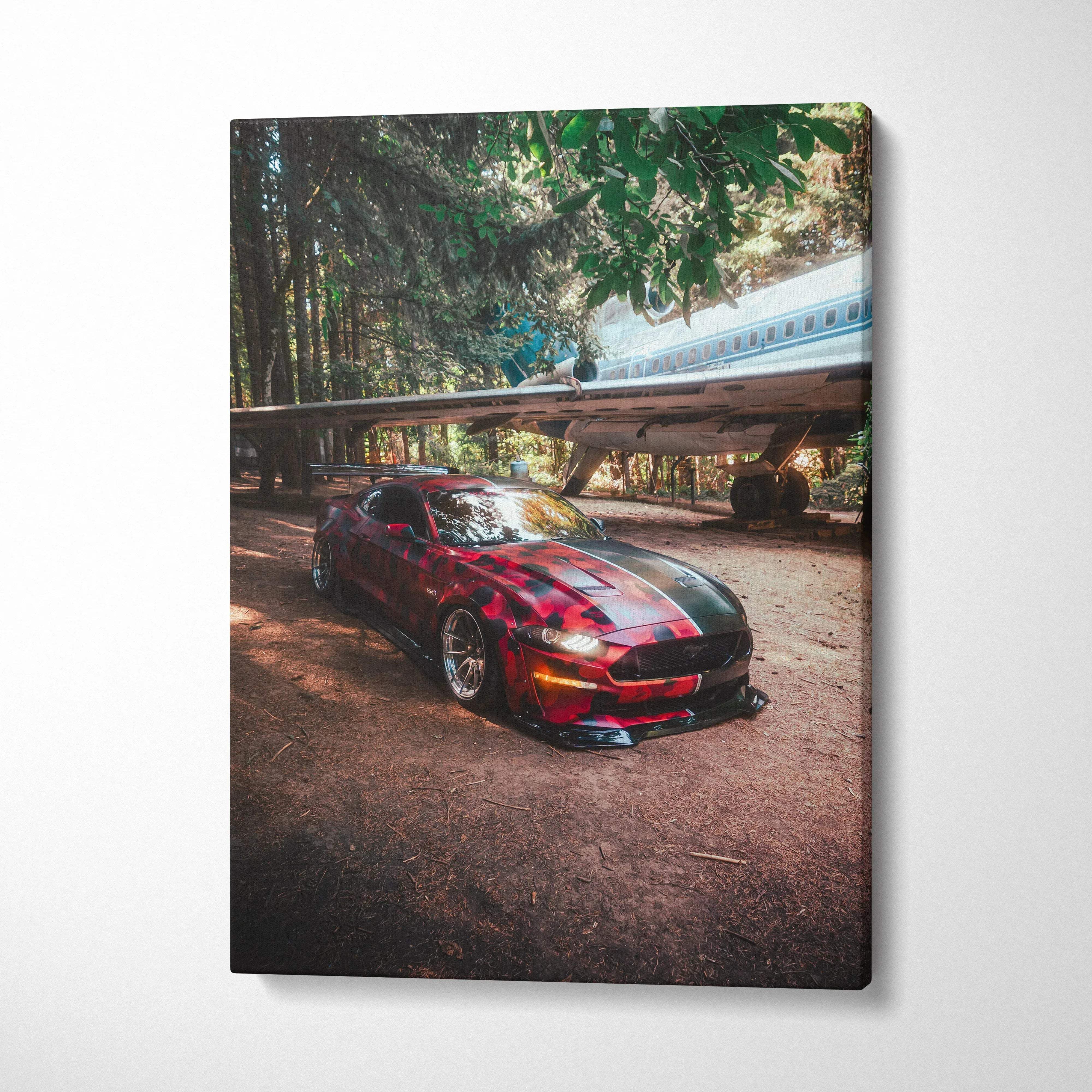 Ford Mustang S550 red and black car canvas art with forest and train background wall art.