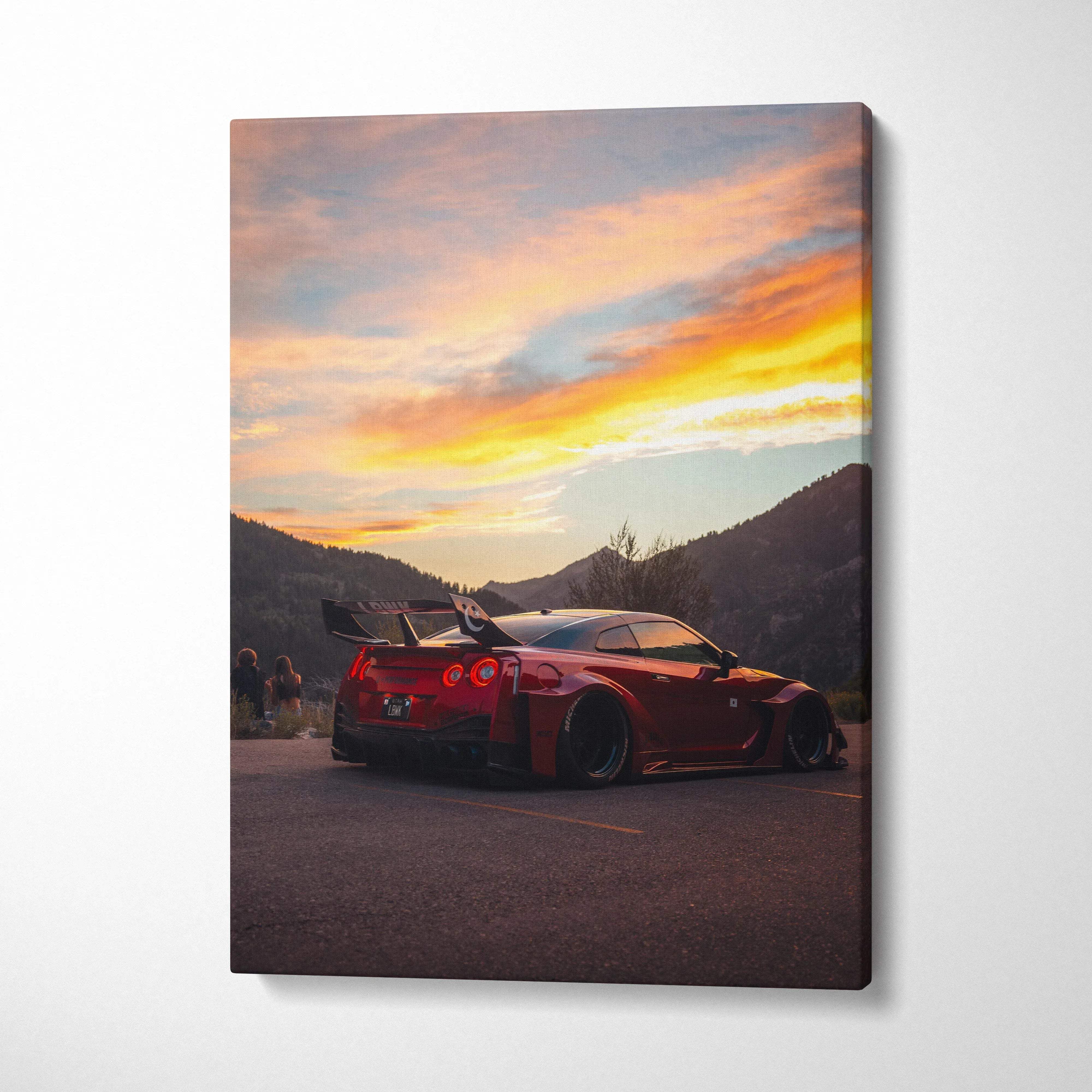 Nissan R35 GTR car at sunset with mountains in background vertical canvas wall art.