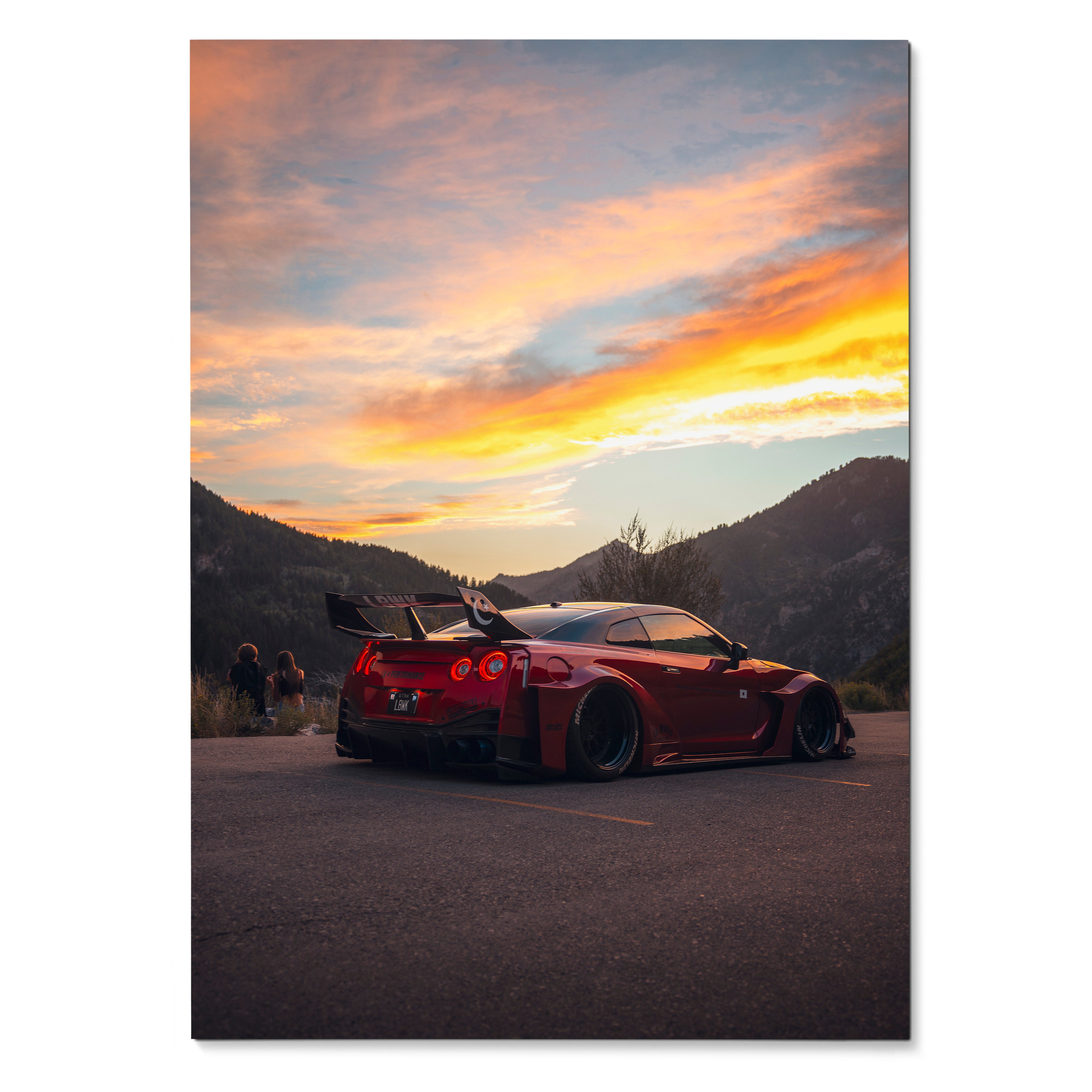 Nissan GTR R35 widebody poster at sunset with mountains, vibrant wall art for car lovers.