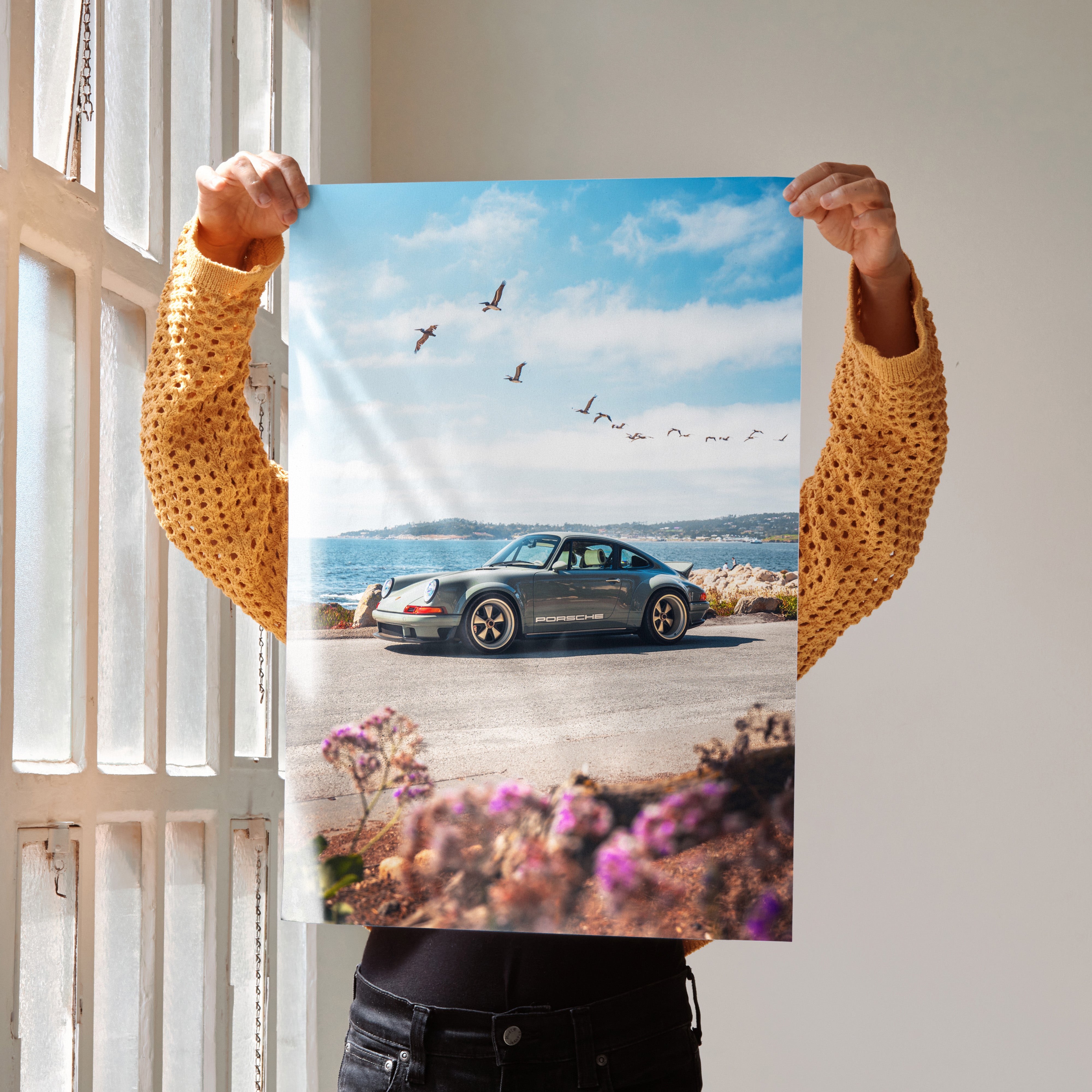 Porsche 911 classic car poster with scenic coastal background and flying birds wall art.