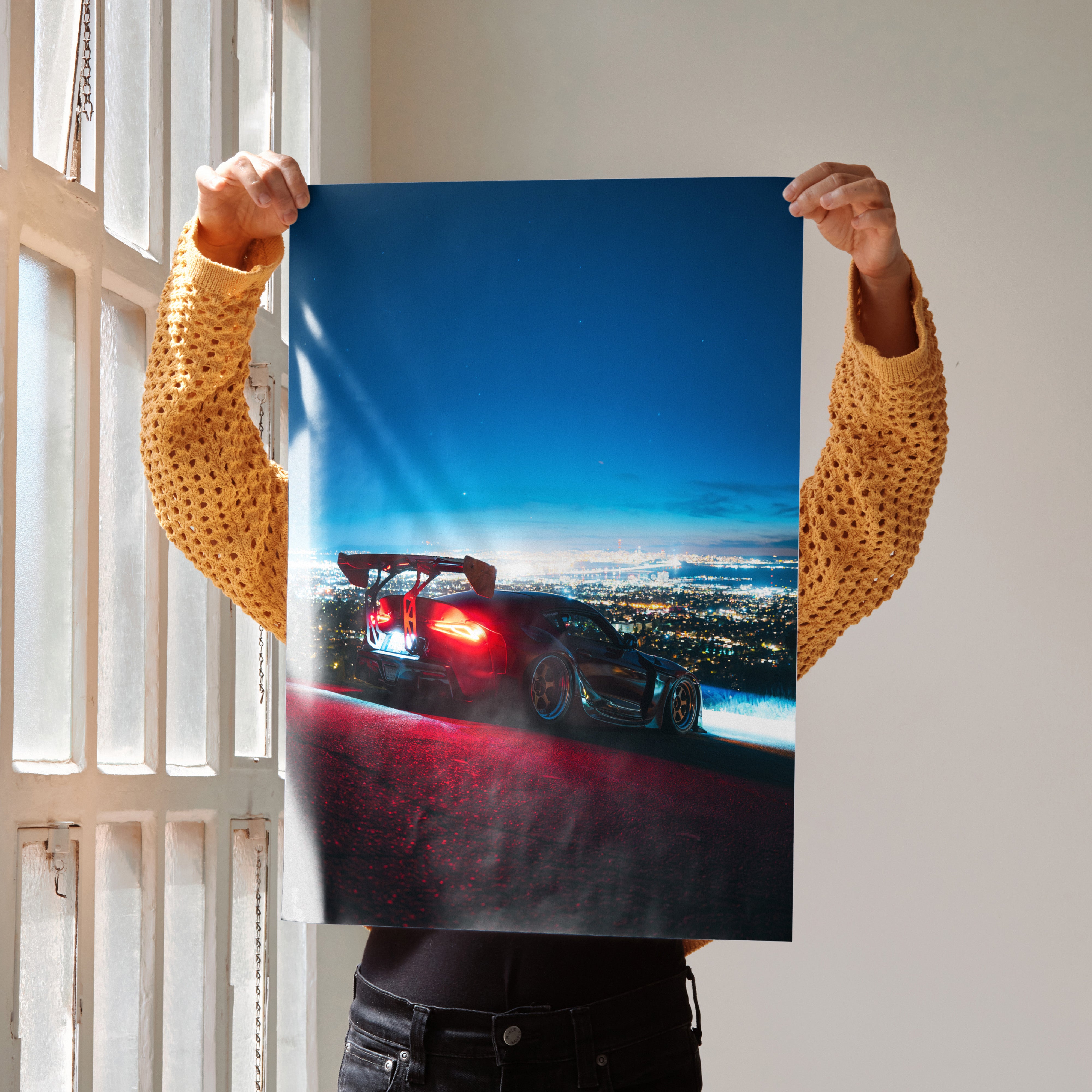 Toyota Supra Mk5 JDM car poster wall art with cityscape at dusk, vibrant colors.