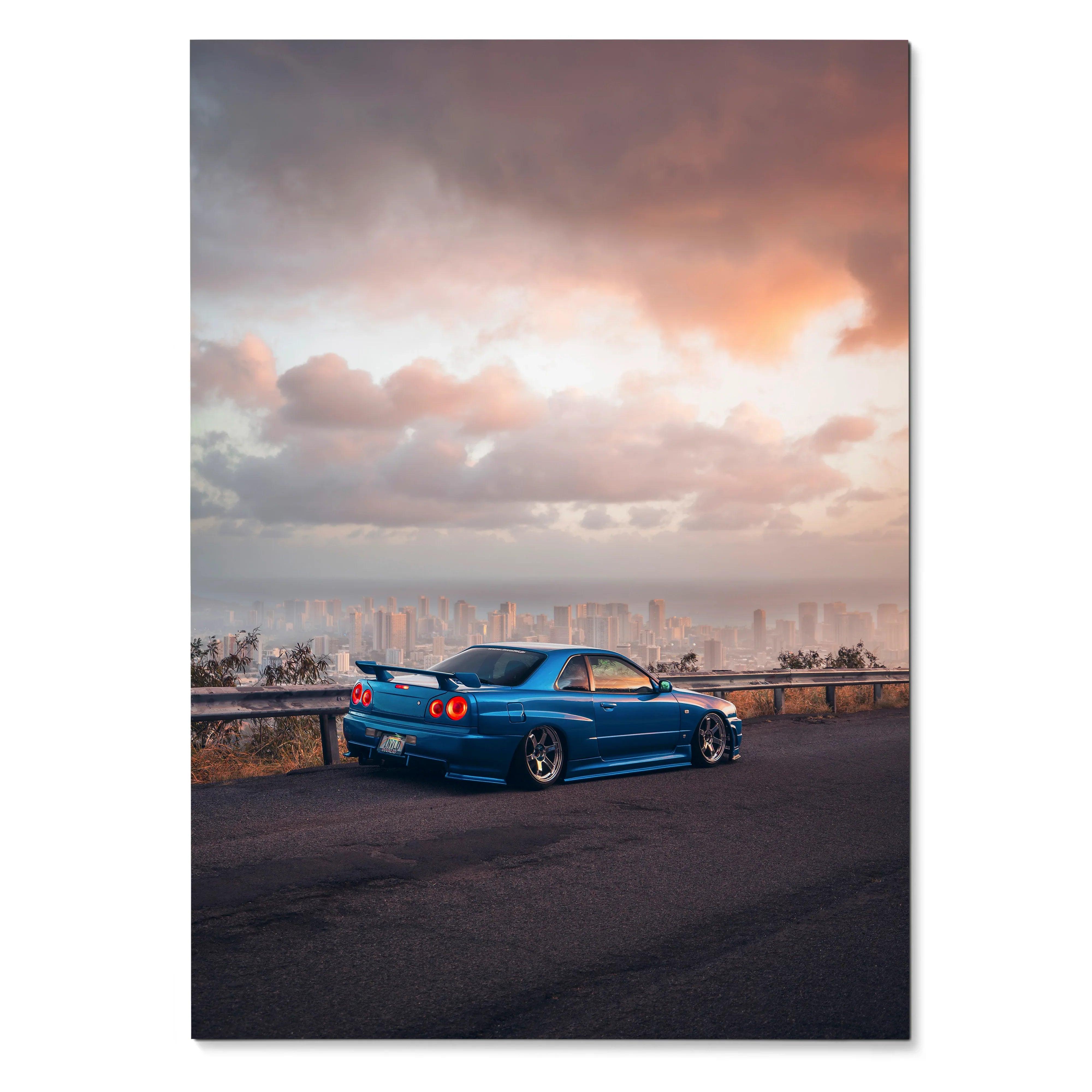 Nissan Skyline GTR R34 in blue parked on road at sunset, automotive poster wall art.
