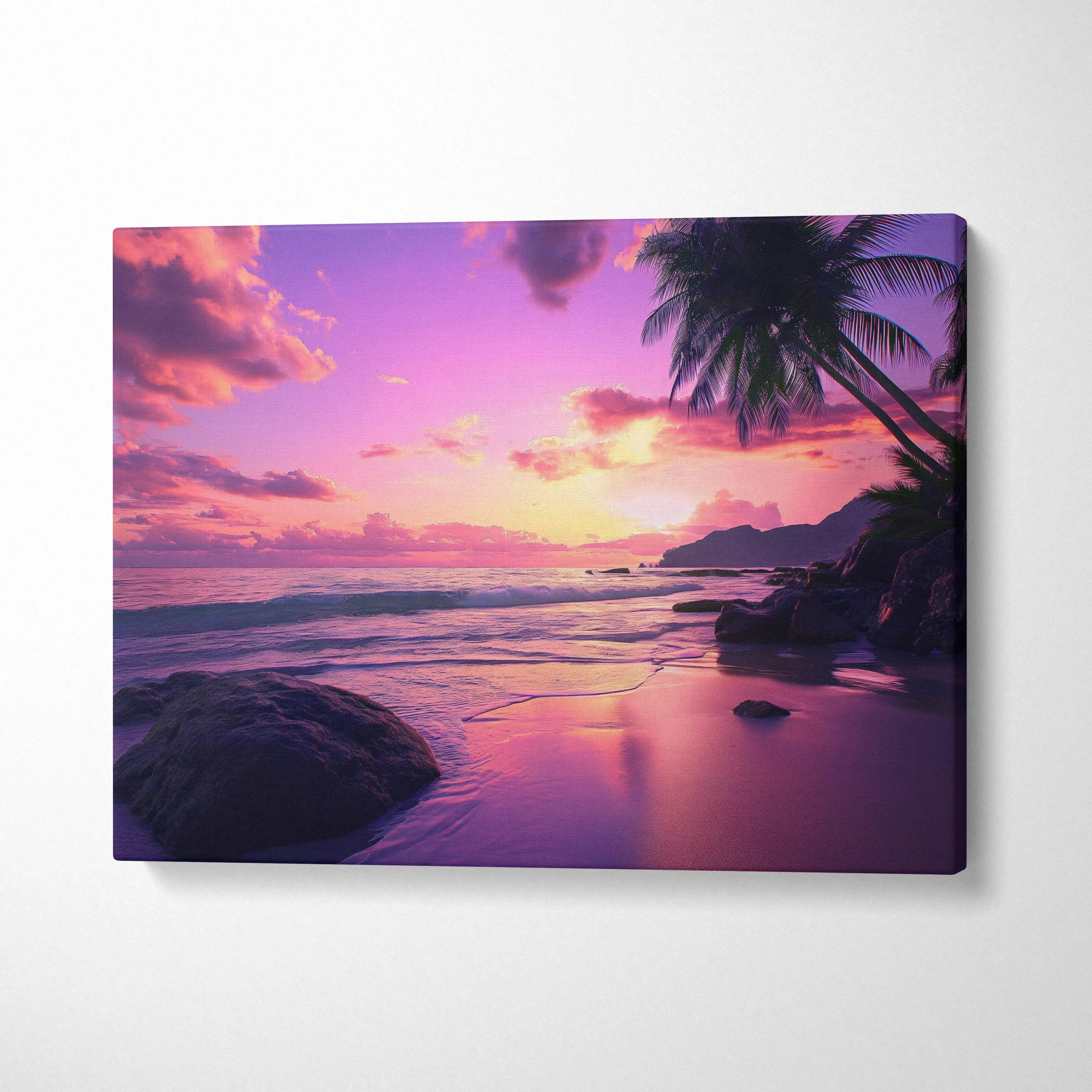 Canvas Wall Art - Tropical Sunset - Beach Scene - Palm Tree Coastline ...