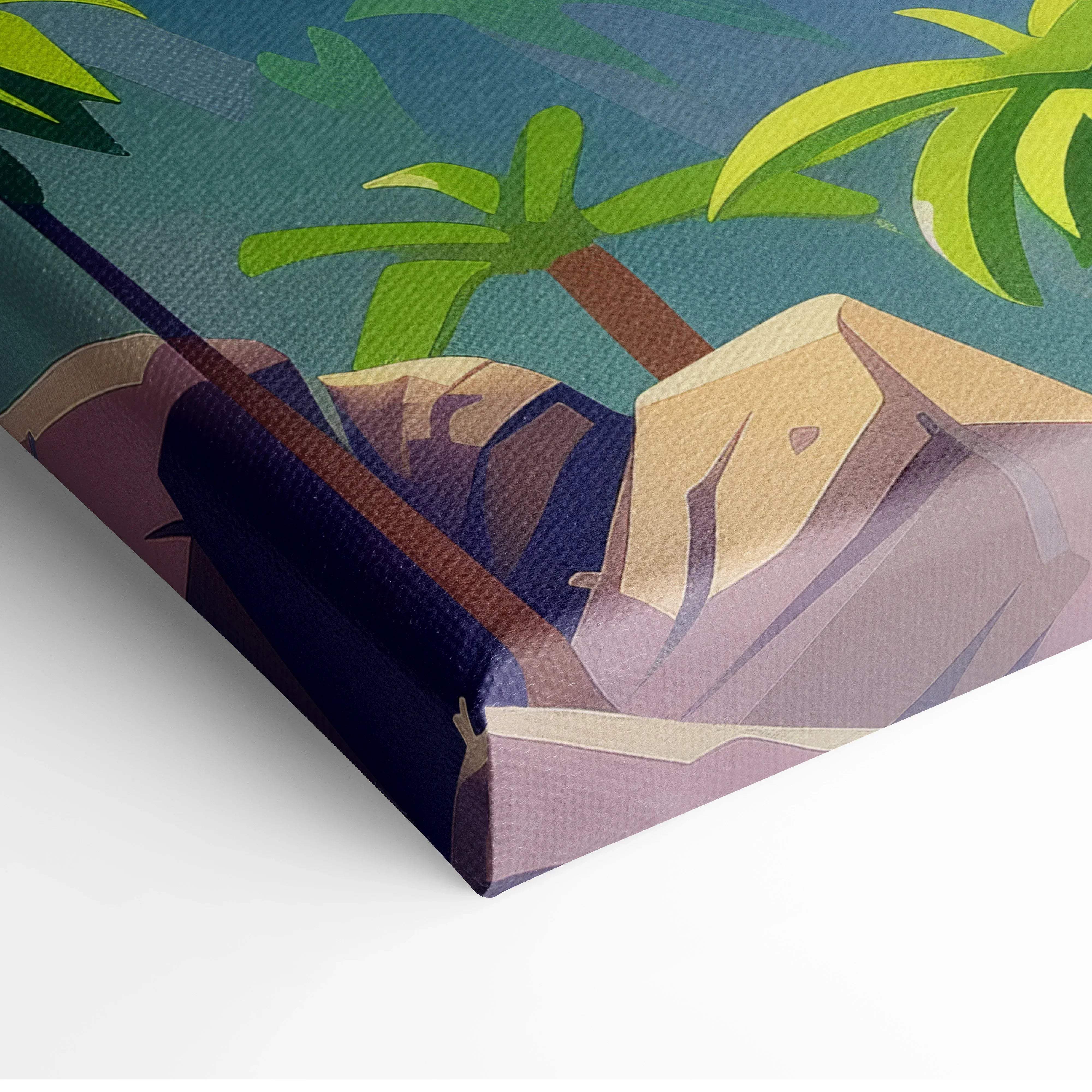 Cartoon forest scene canvas wall art featuring stylized green palm trees and purple rocks against a teal sky