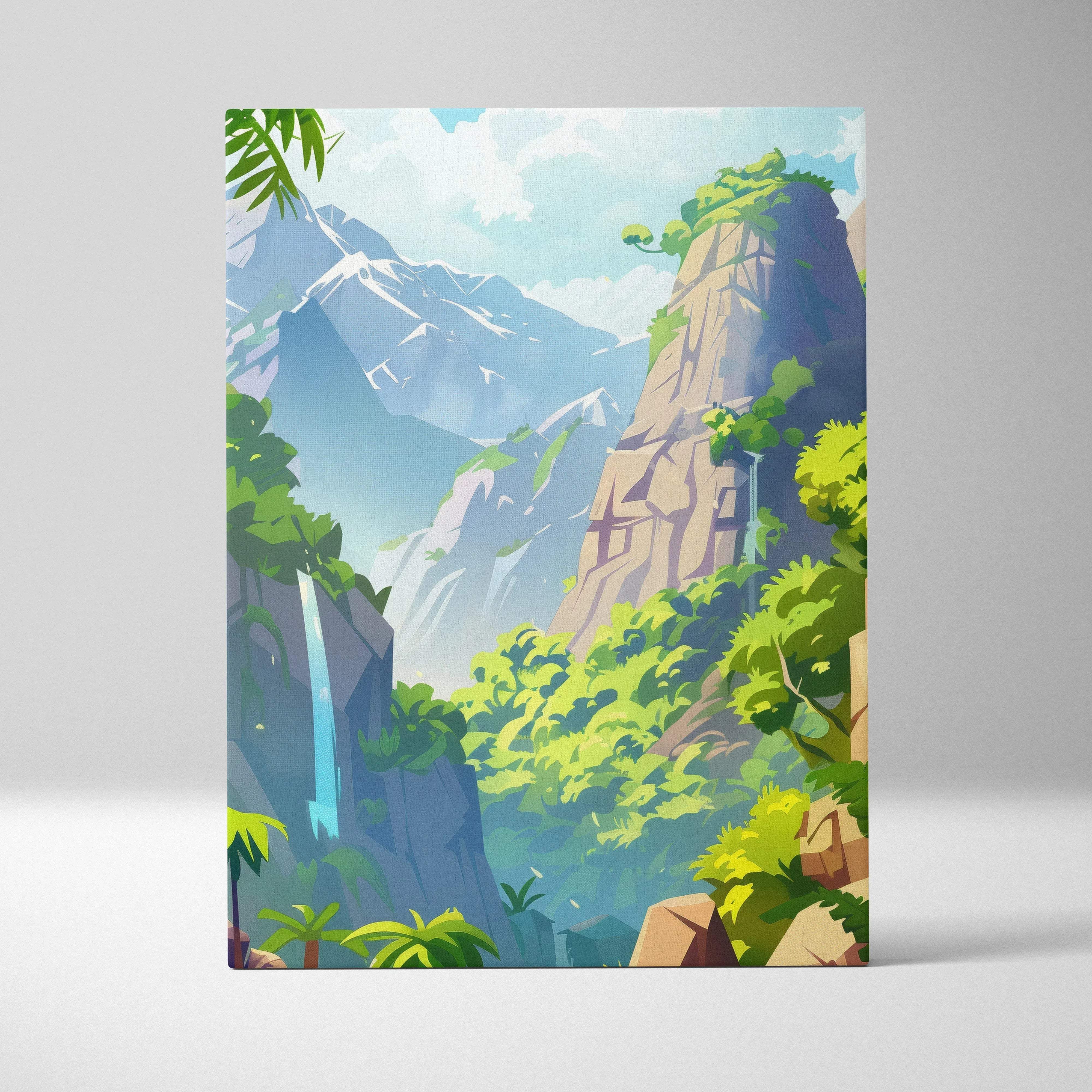 Cartoon forest scene canvas wall art featuring vibrant lush green foliage mountains and a cascading waterfall