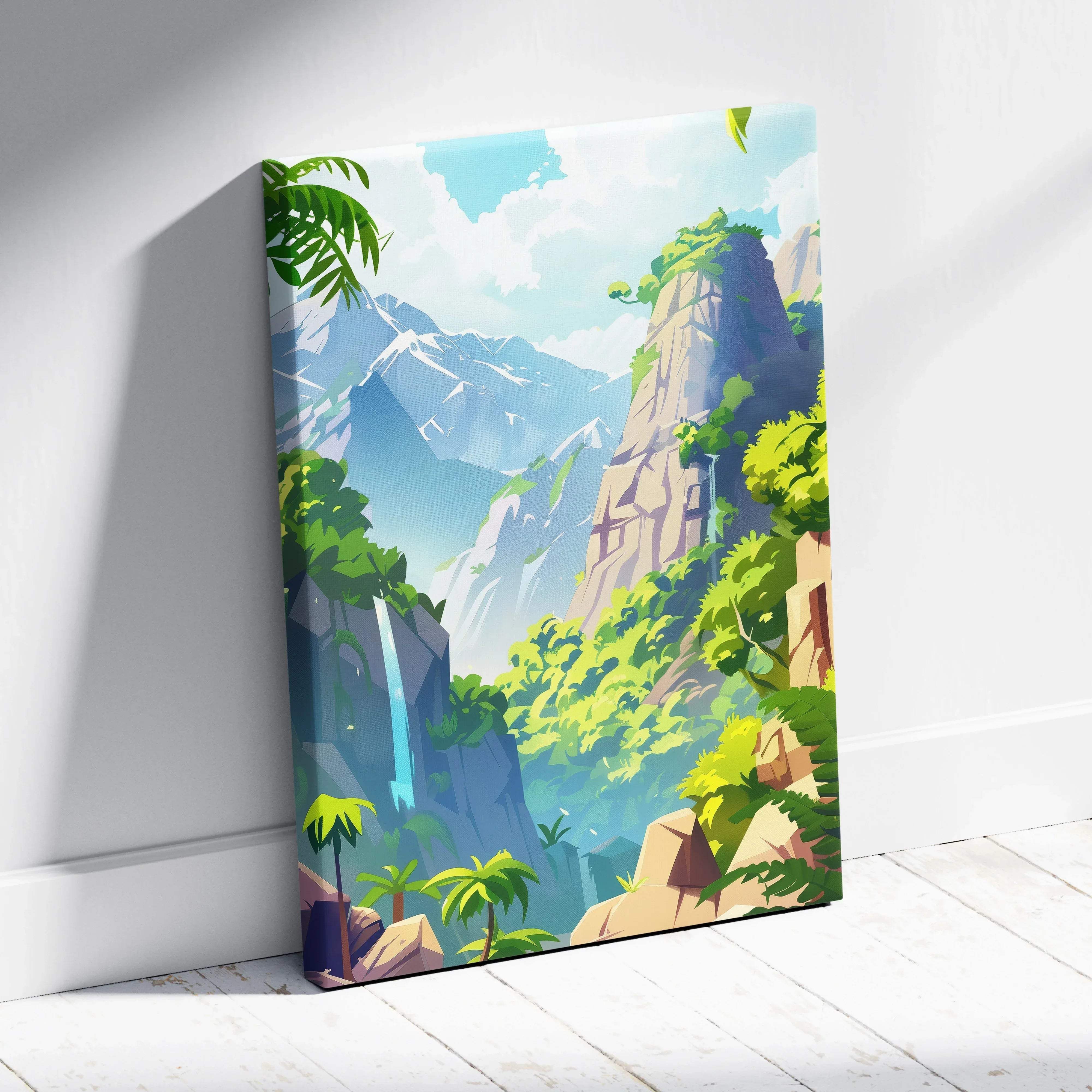 Vibrant cartoon forest scene canvas wall art featuring lush green mountains waterfall and snow-capped peaks
