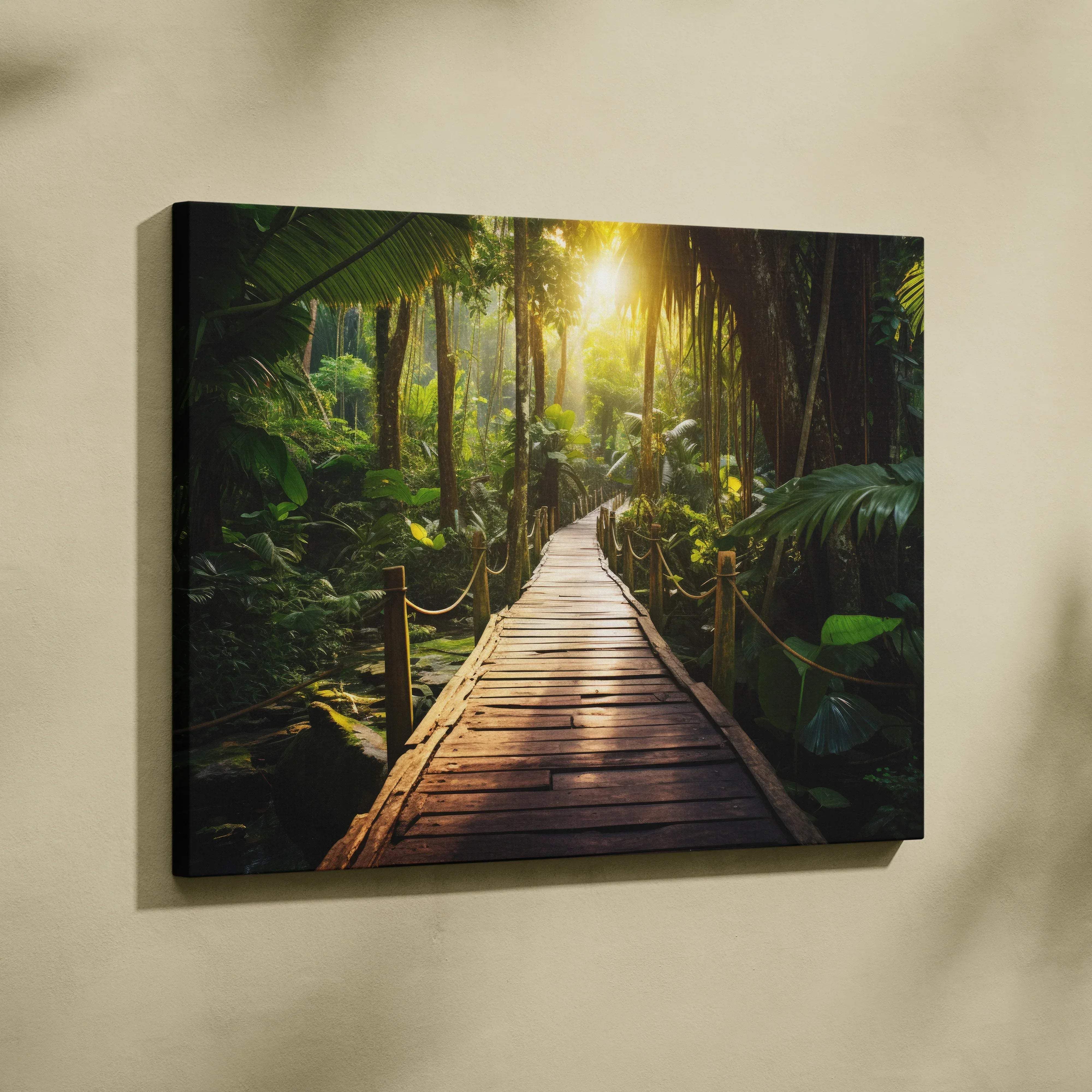 Canvas wall art of a rectangular wooden boardwalk winding through sunlit lush green jungle foliage