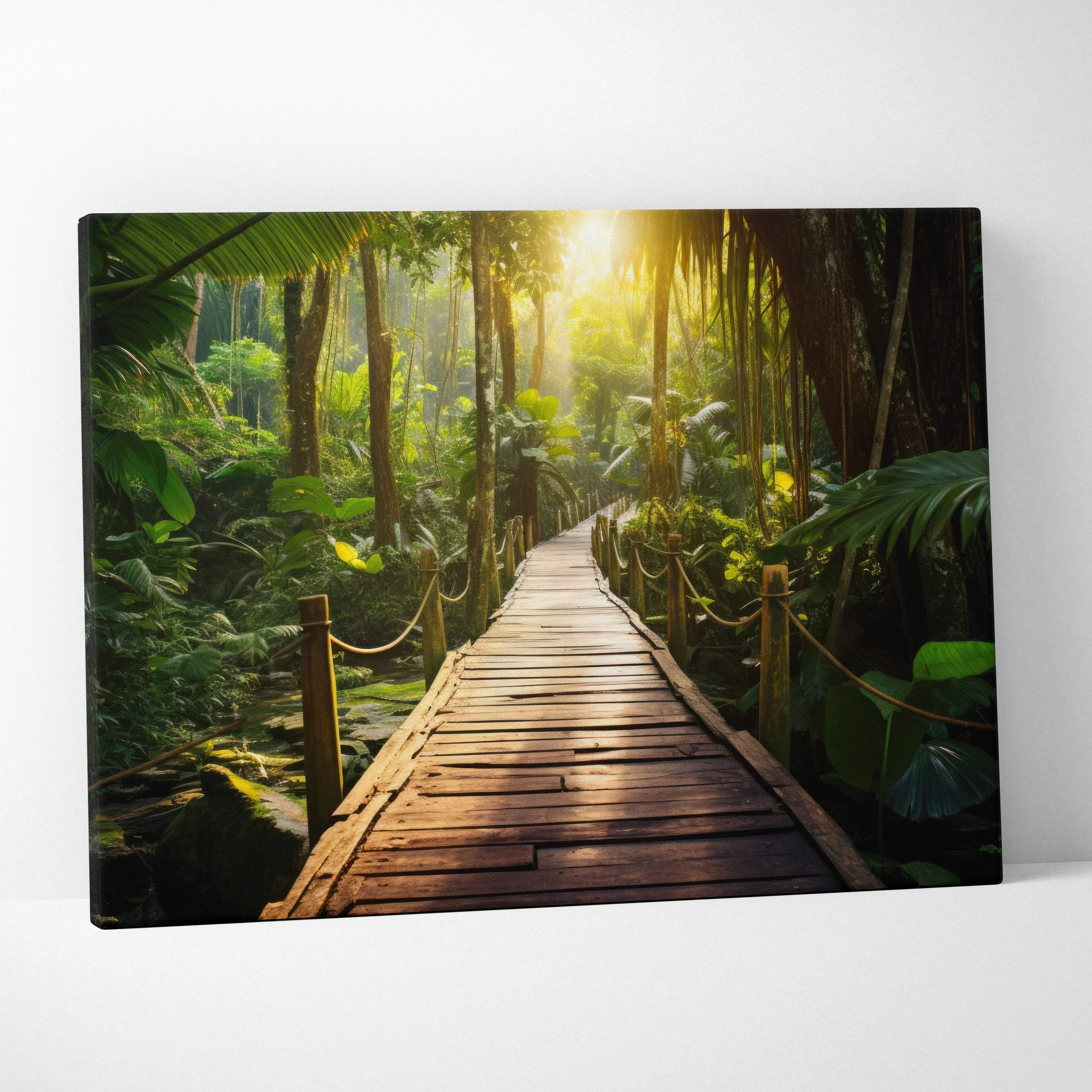 Canvas wall art featuring a sunlit wooden walkway with rustic railings and rope in a lush green forest scene