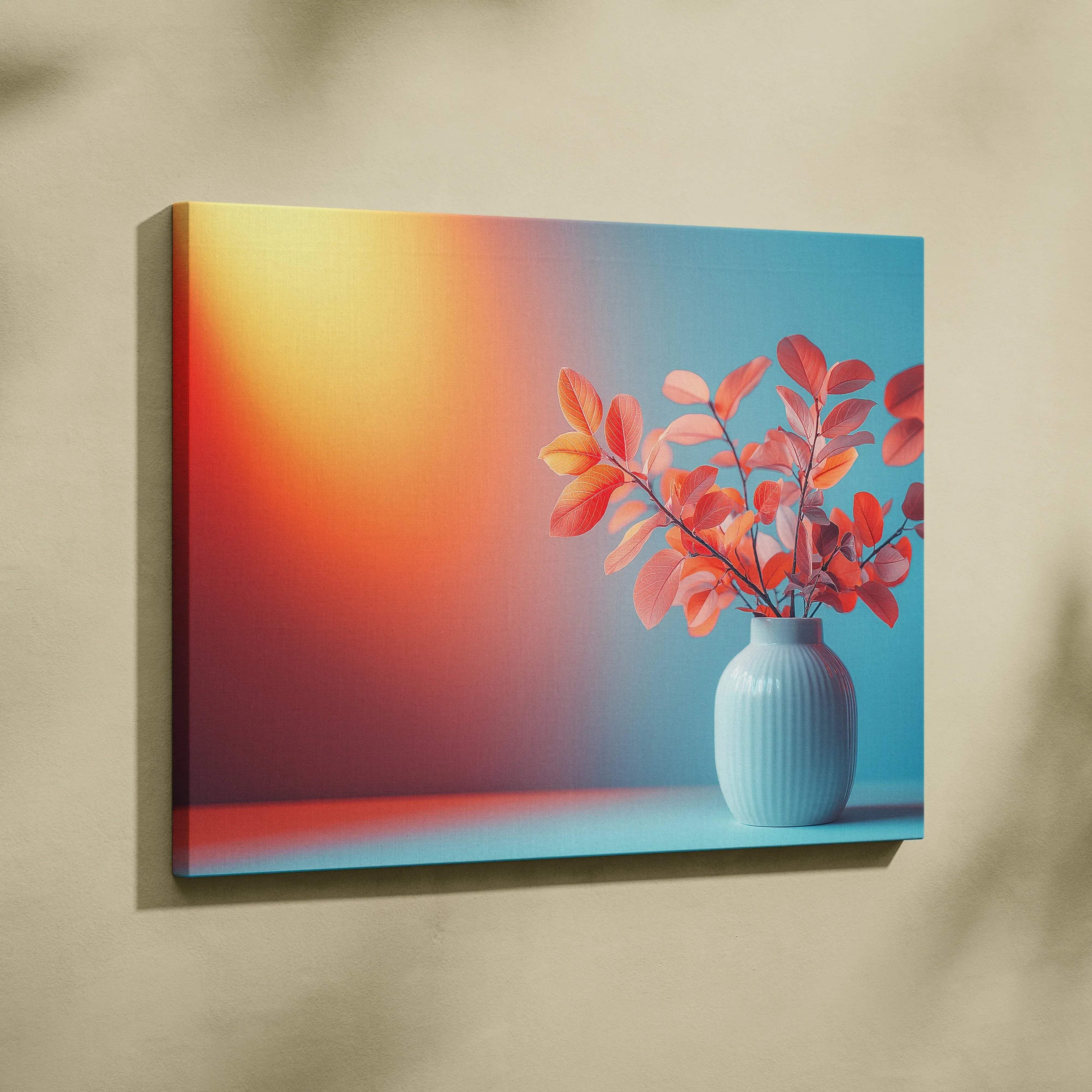 Canvas wall art modern minimalist featuring a light blue ribbed ceramic vase with pink and orange autumn leaves