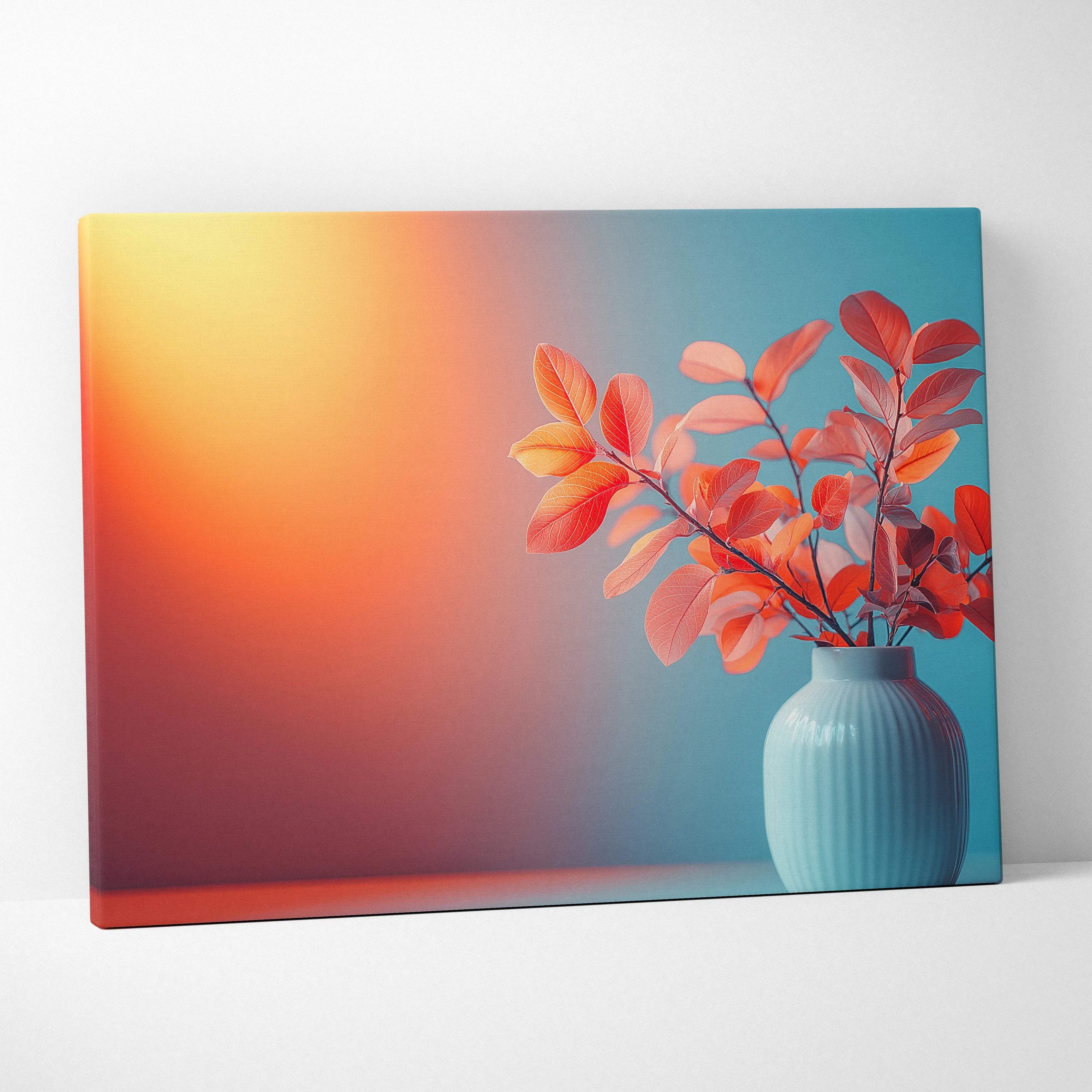 A light blue ribbed ceramic vase holding orange and red autumn leaves in modern minimalist canvas wall art