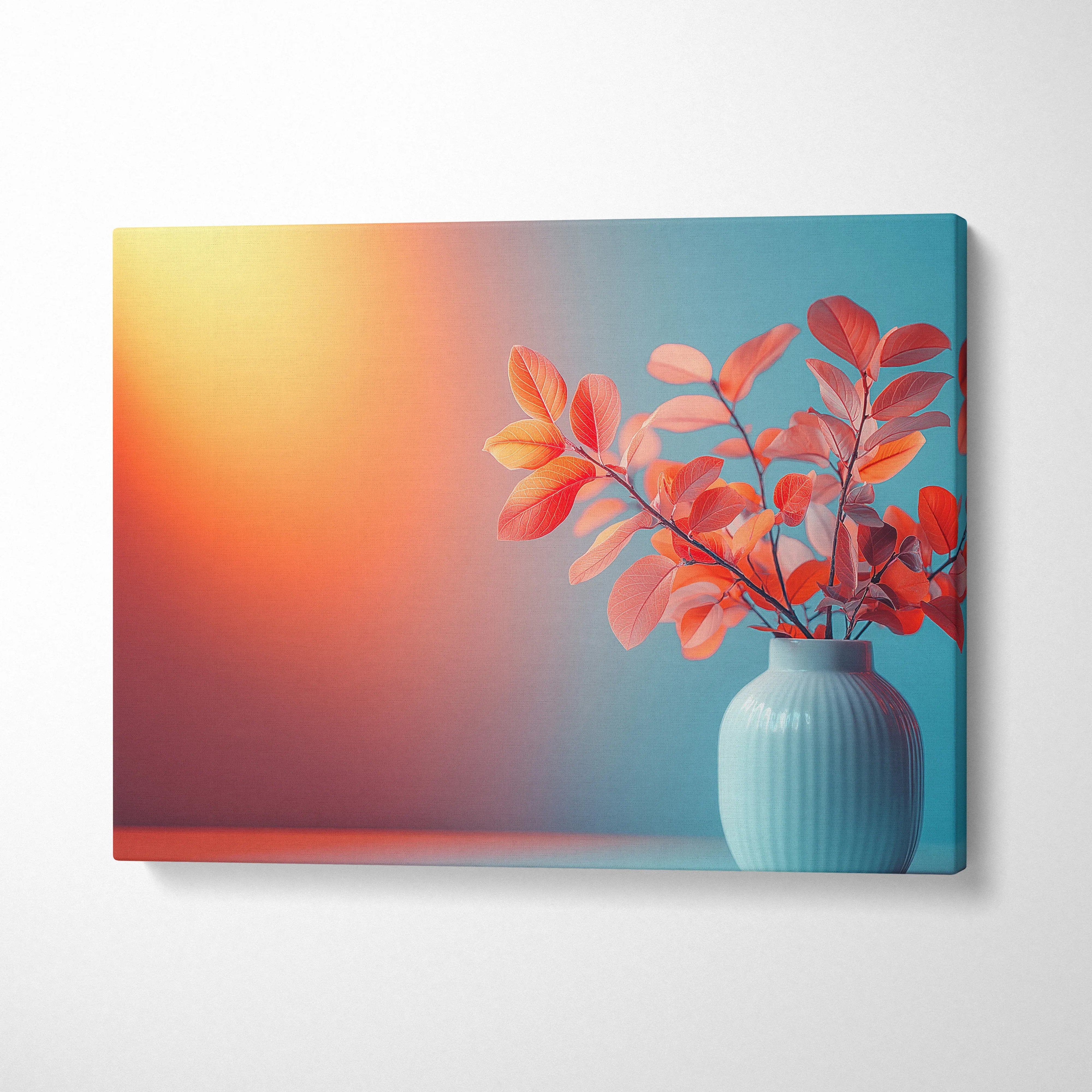 Canvas wall art featuring minimalist autumn vase with red leaves against gradient fall hues background.