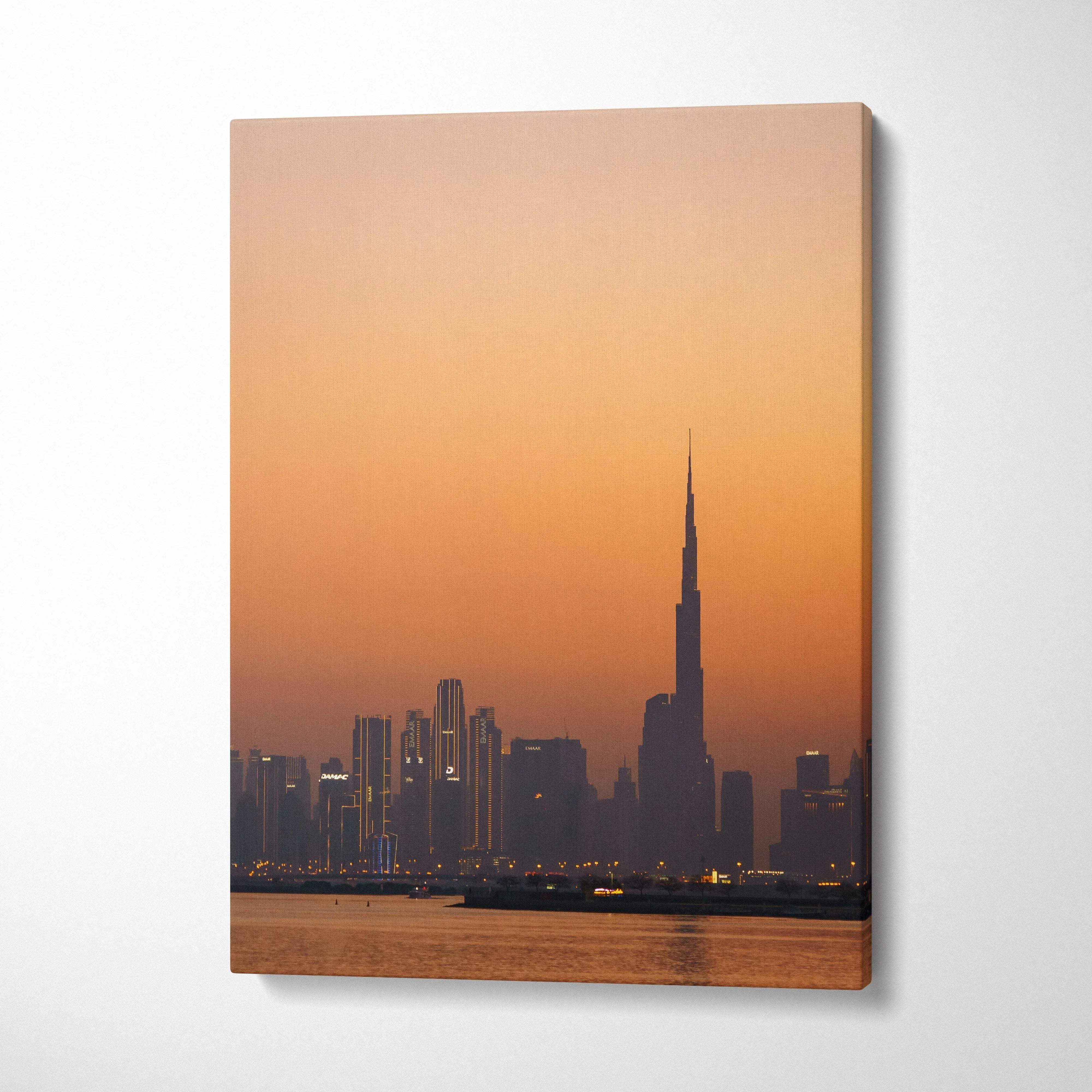 Dubai skyline canvas wall art with iconic skyscrapers at sunset, vertical canvas art.