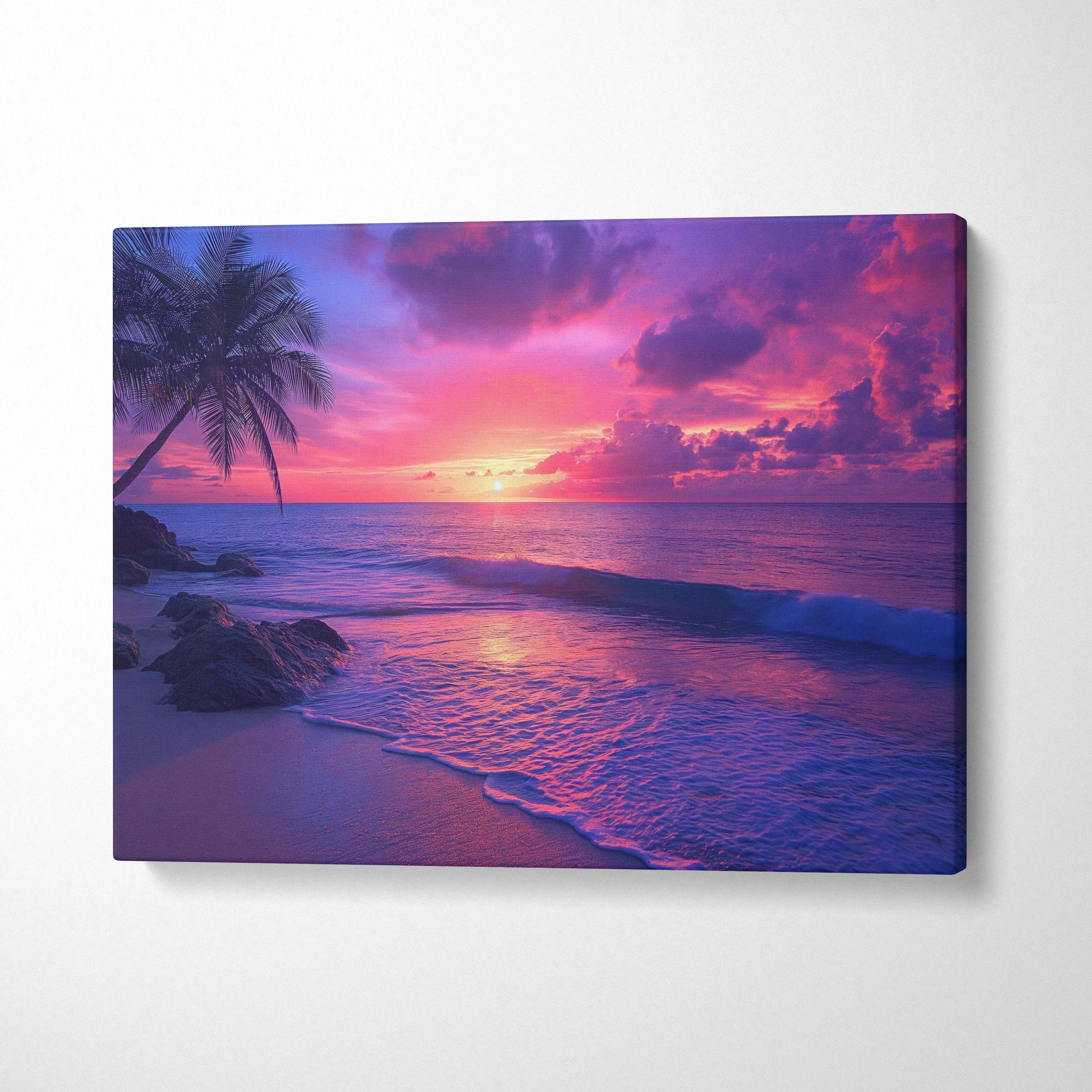Vibrant tropical sunset canvas wall art with palm tree, ocean waves in pink purple blue hues