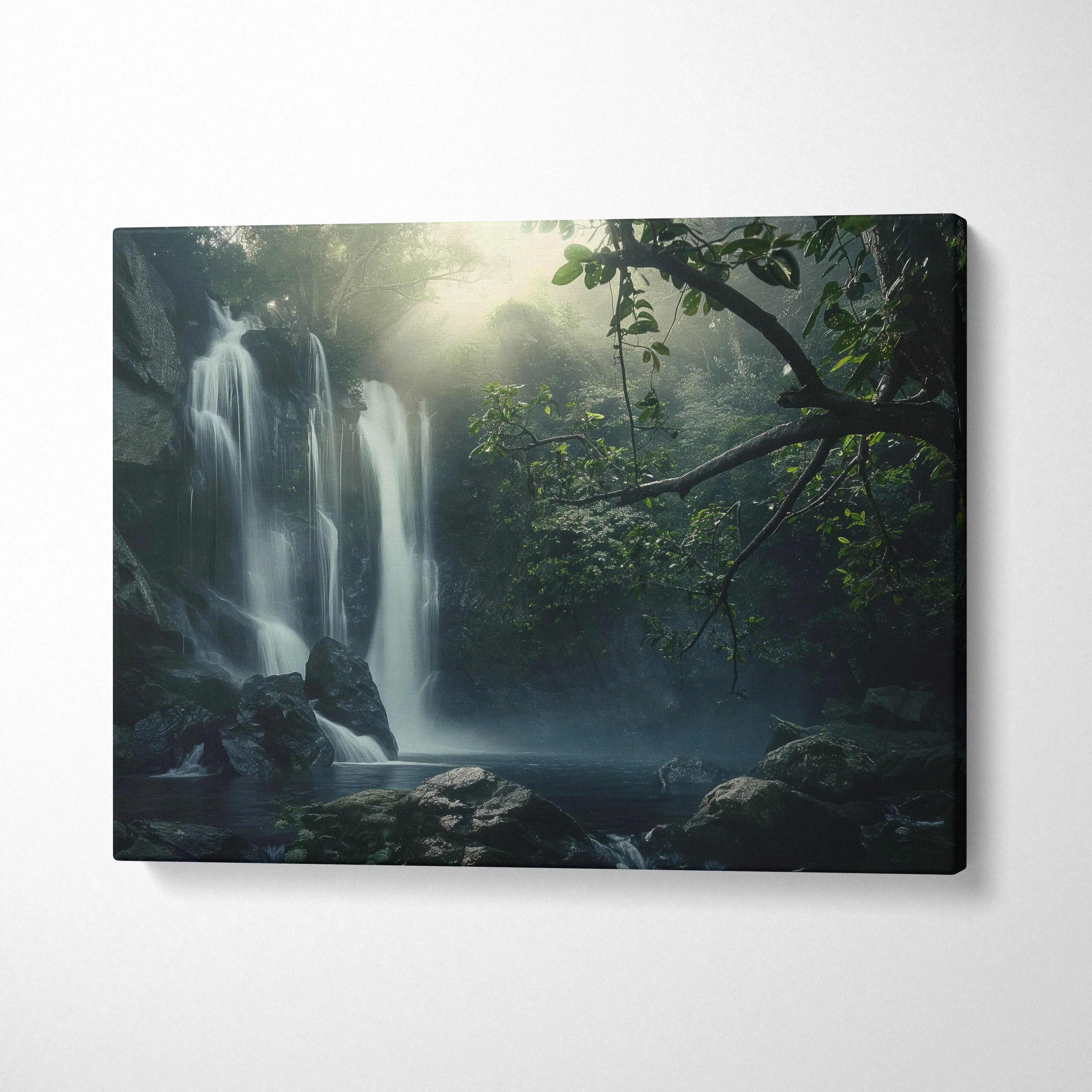 Waterfall forest nature scene canvas wall art with misty light and lush greenery decor.
