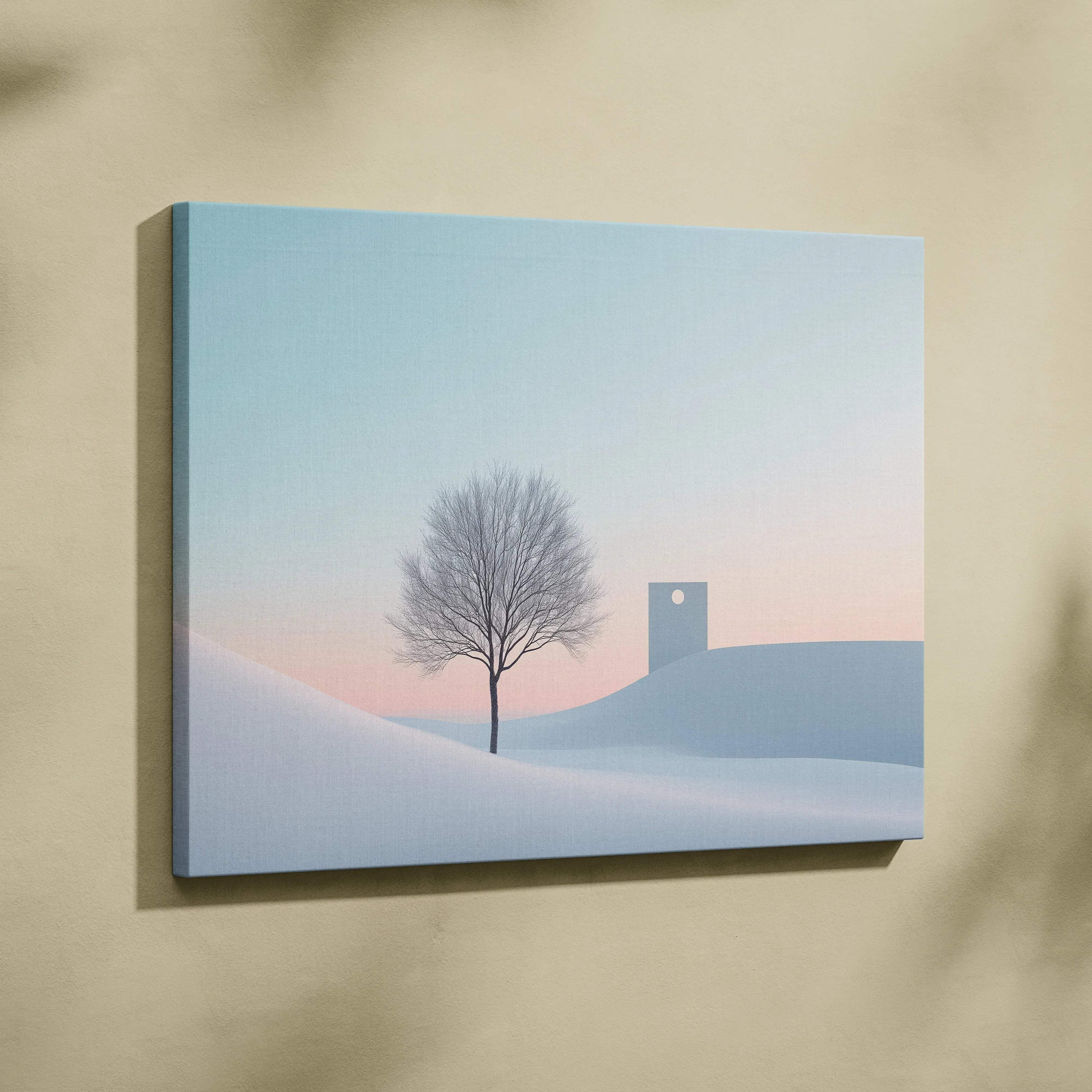 Minimalist abstract winter landscape canvas wall art with a bare tree and soft blue and peach twilight tones