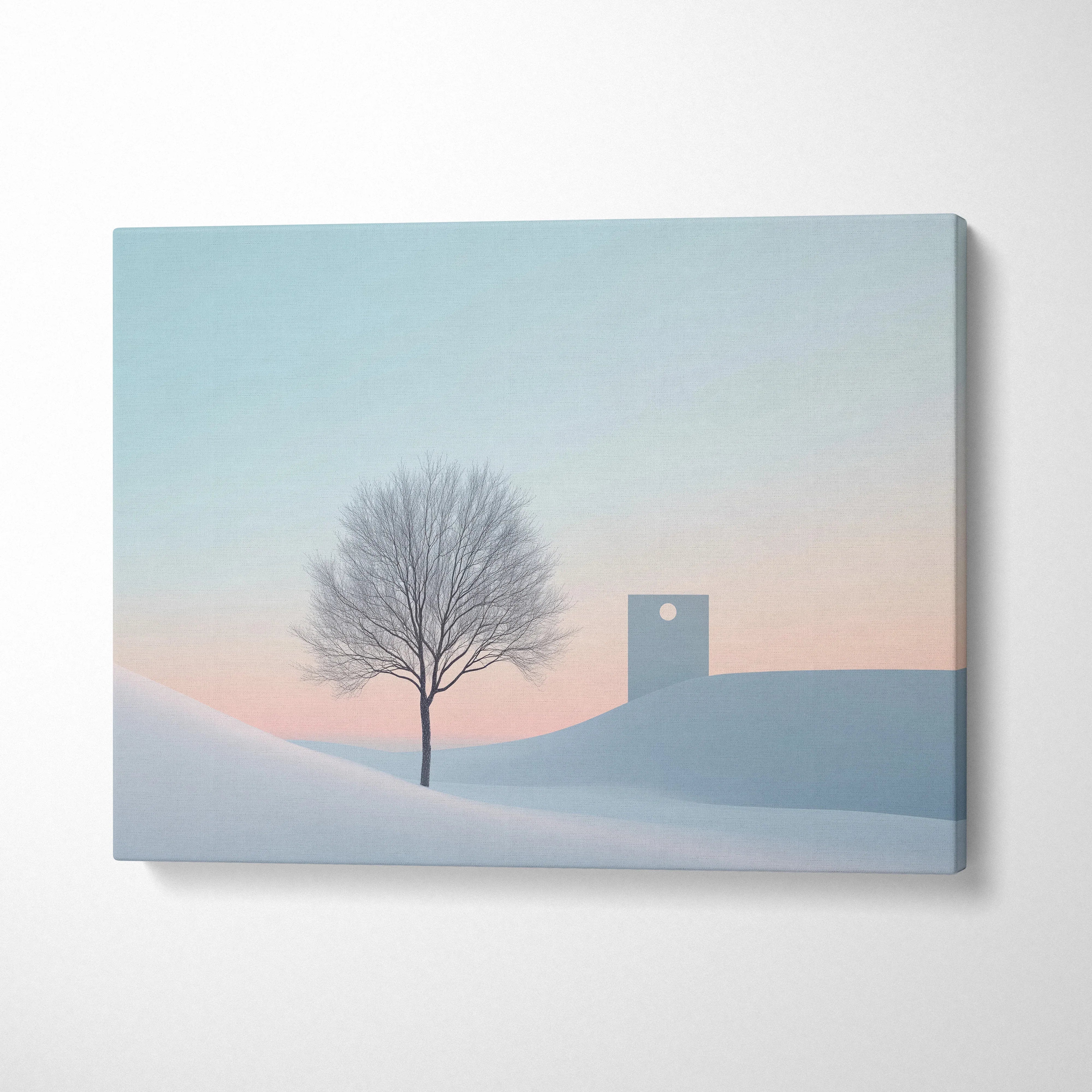Minimalist abstract winter landscape canvas featuring a bare tree and simple tower at sunrise wall art decor.
