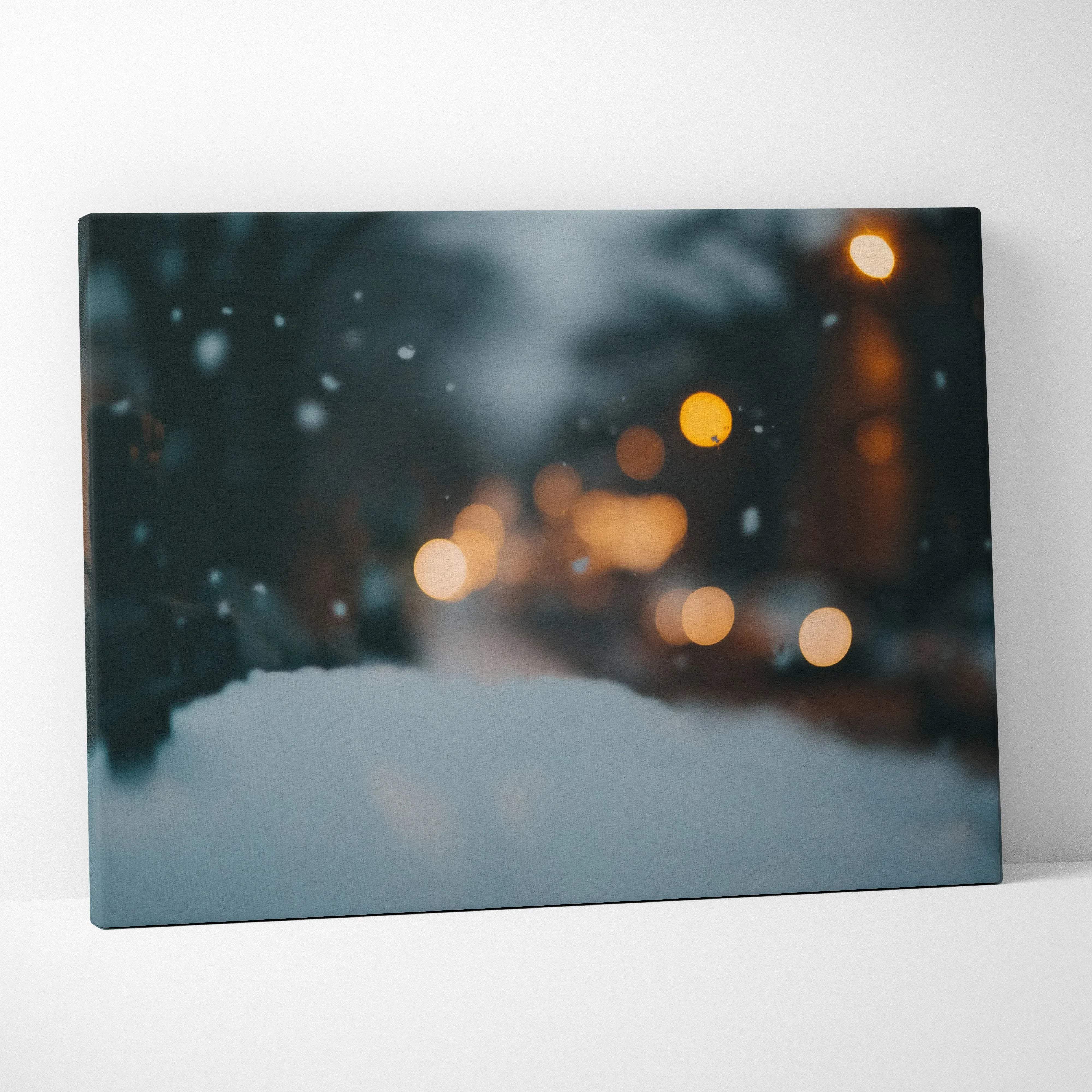 Winter bokeh scene snowy night streetlights canvas wall art with cozy blue glow and falling snow for indoor decor