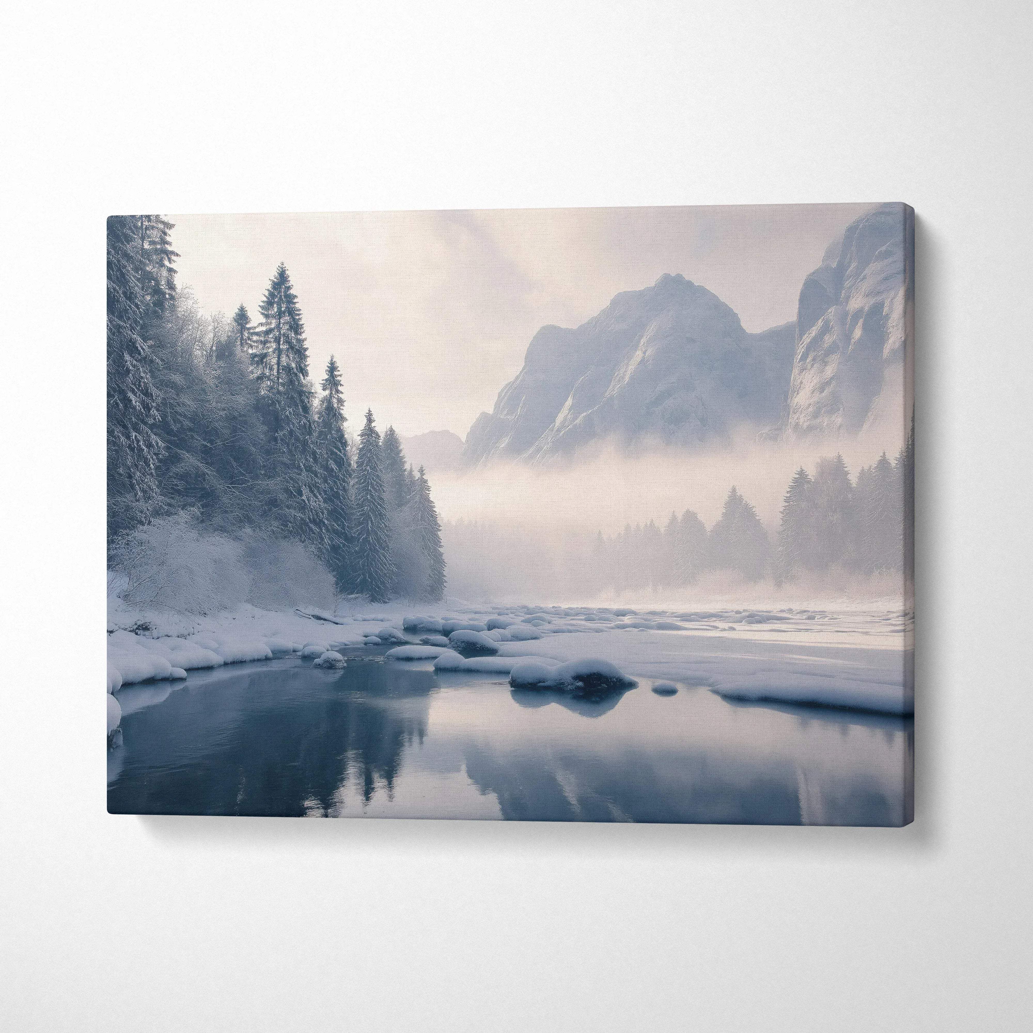 Canvas wall art featuring a frozen mountain landscape with a winding river in winter decor.