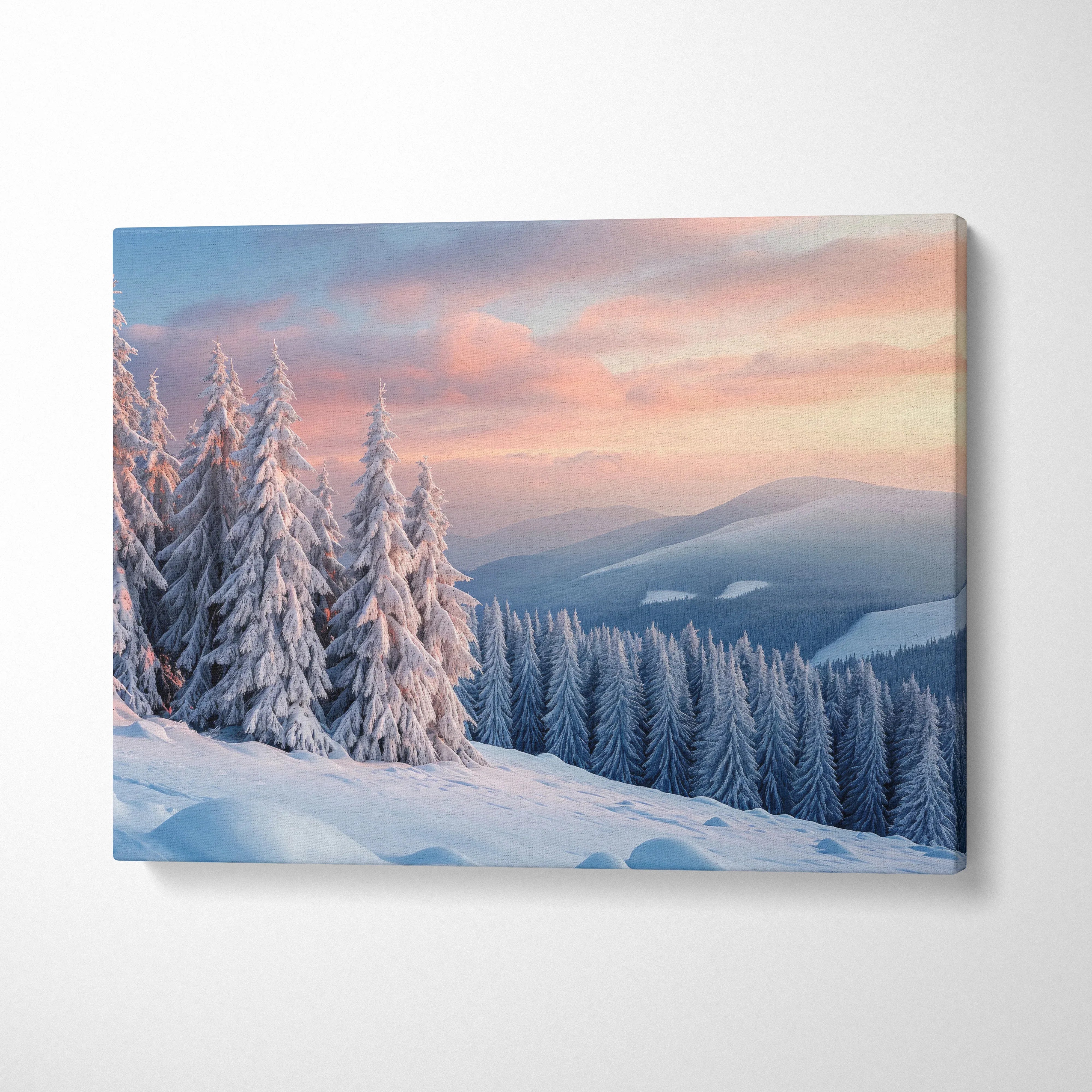 Canvas wall art depicting a snowy mountain peak at winter sunset with pink and blue sky decor.