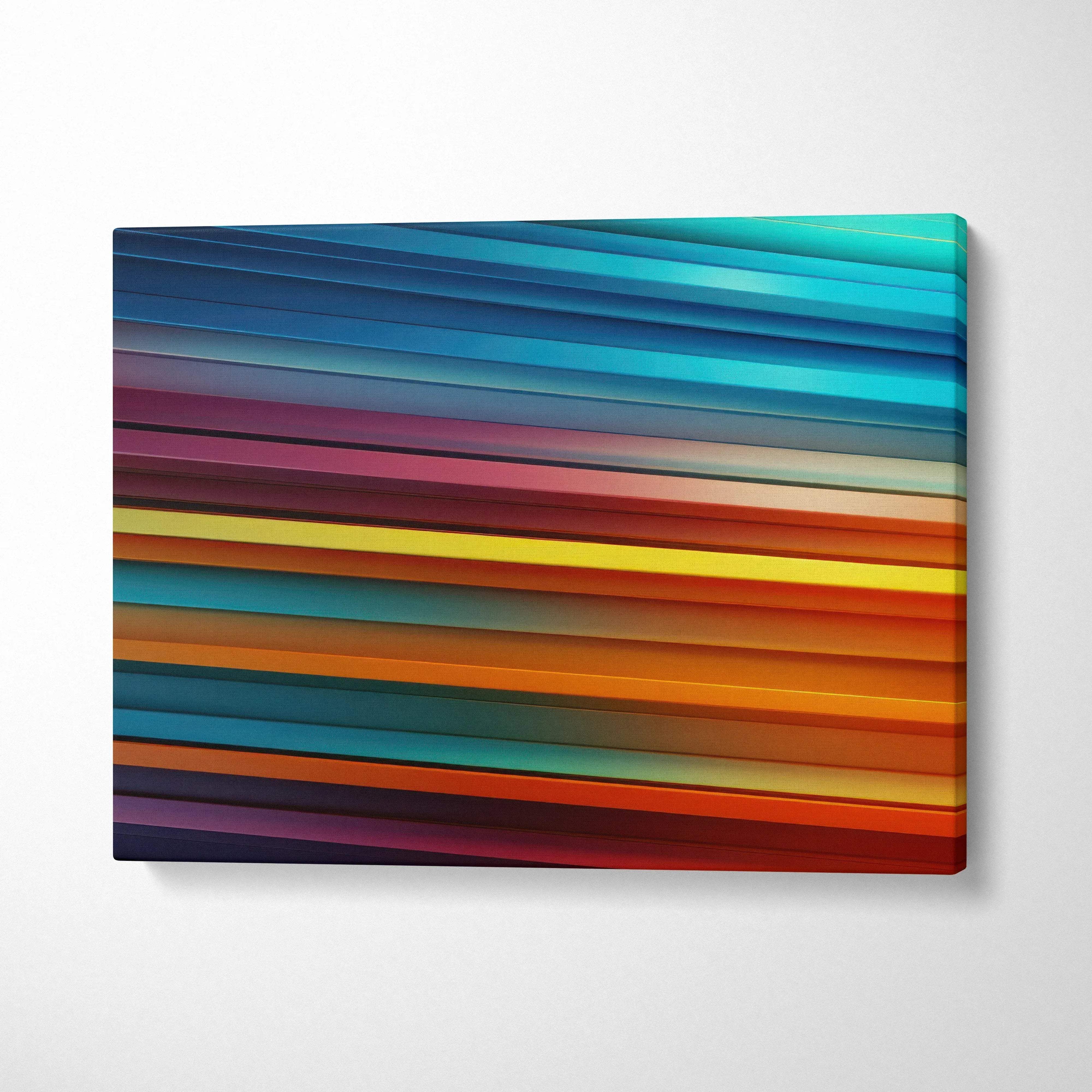 Abstract digital art canvas wall art with bold horizontal stripes in vibrant blue, teal, orange, and red tones.
